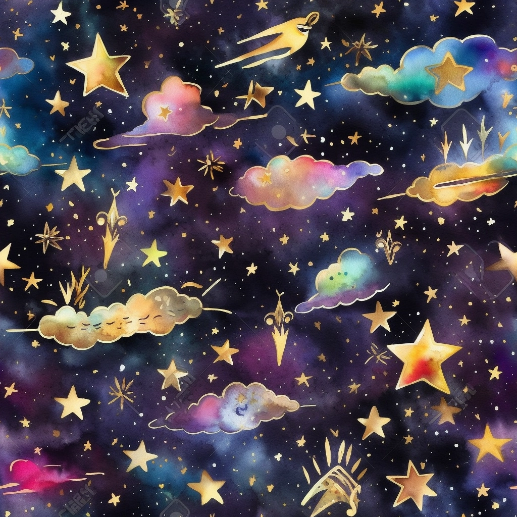 Watercolor Galaxy Seamless Pattern with Gold Outlines