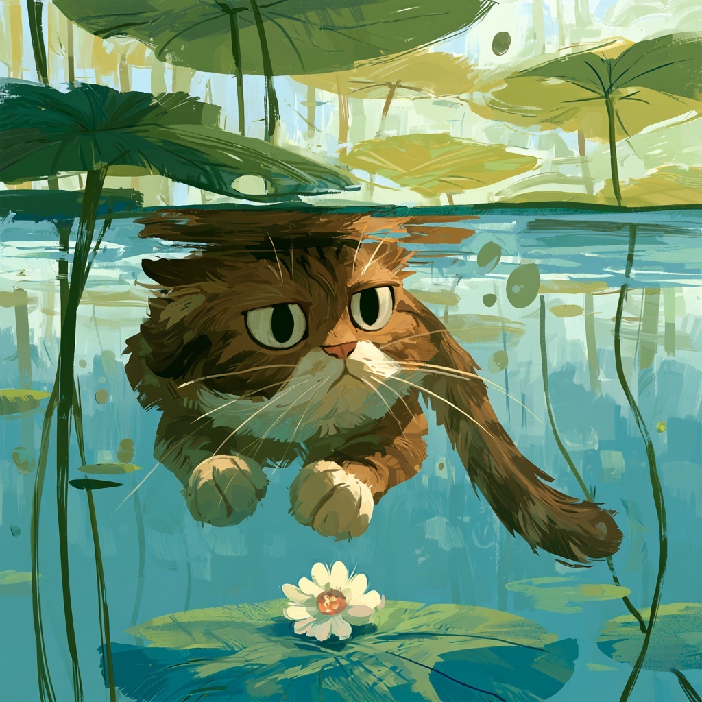 Grumpy Cat's Dreamy Swim Among Lotus Leaves