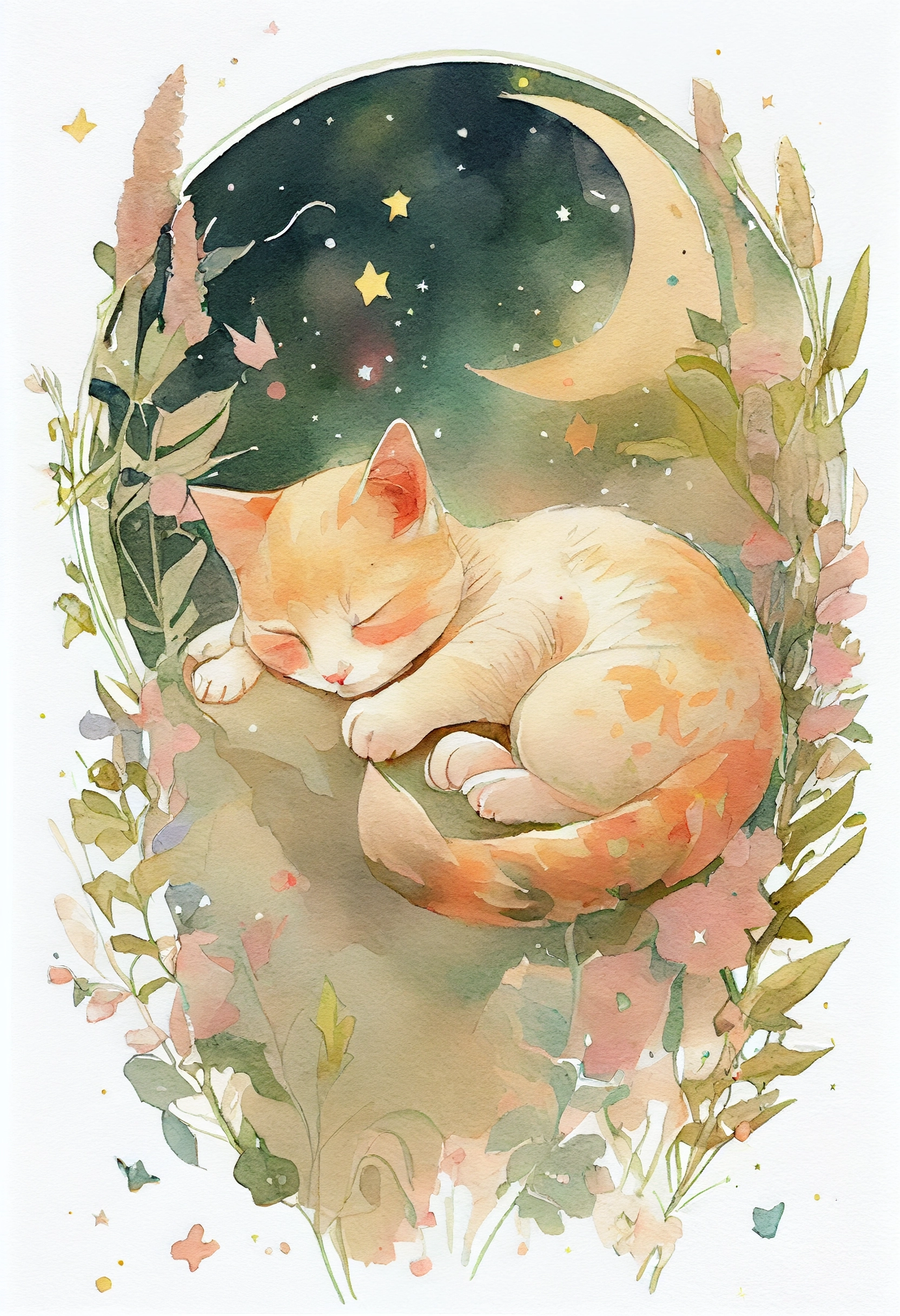 Sleepy Baby Kitty Dreams Under Moon & Stars