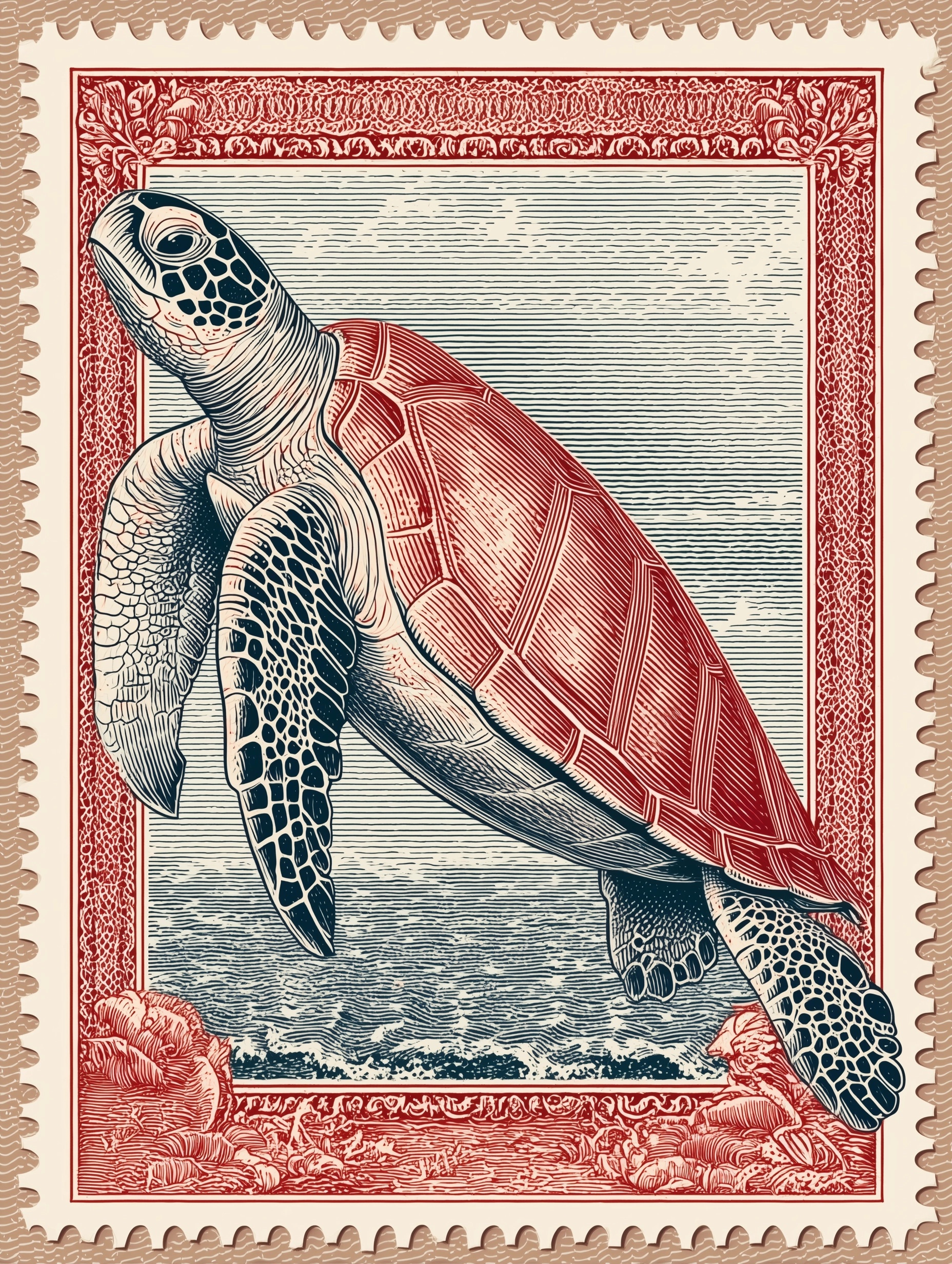 Artful Giant Sea Turtle: Vintage Postage Style