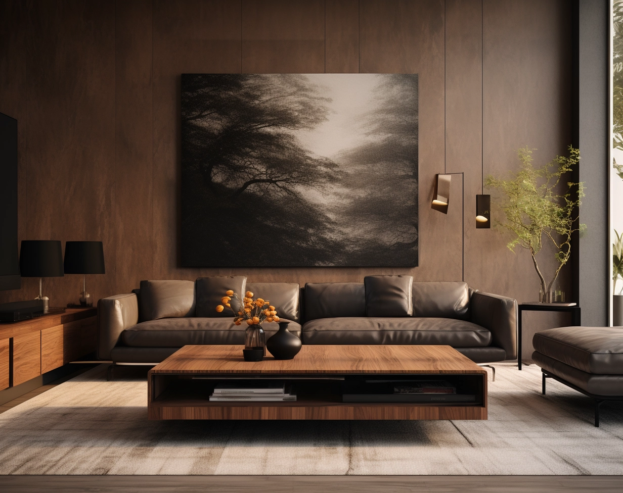 Bold Black Walls & Brown Wooden TV: Graphic Design Poster Art