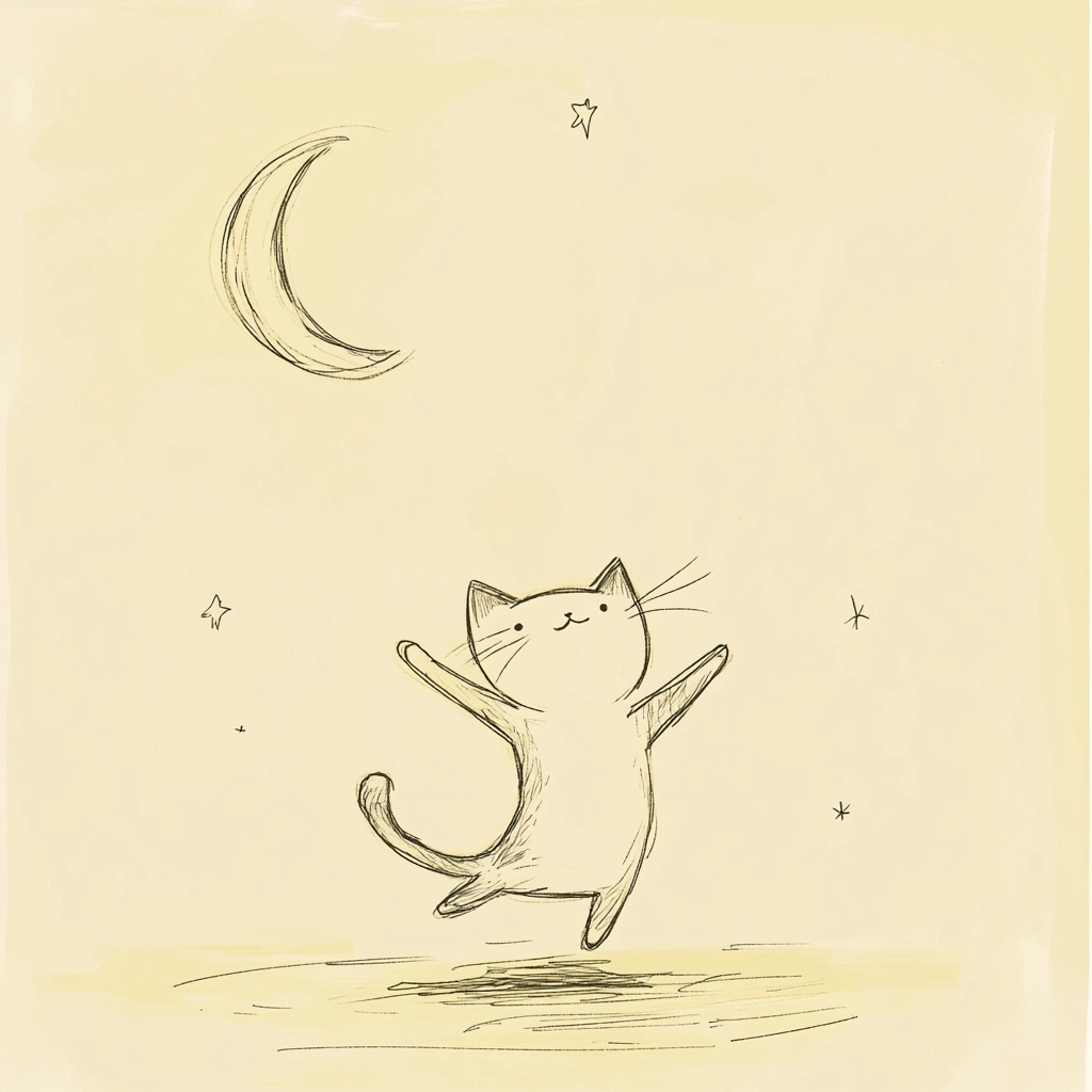 Minimalist Dancing Cat Art with Soft Moonlit Vibes