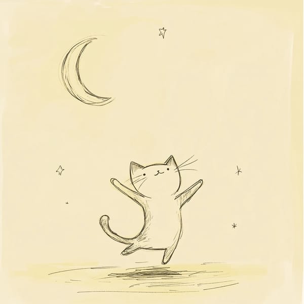 Minimalist Dancing Cat Art with Soft Moonlit Vibes