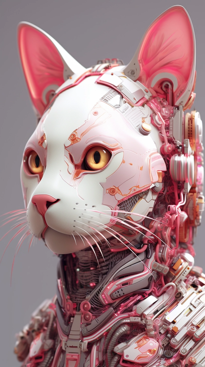 Female Cat Robot Portrait in 3D Matrix Stream