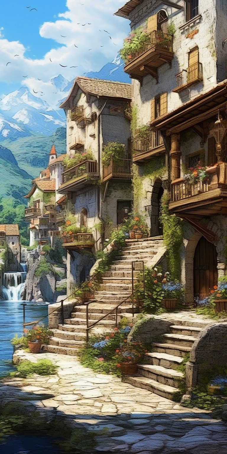 Mystical Riverside Village with Renaissance Architecture