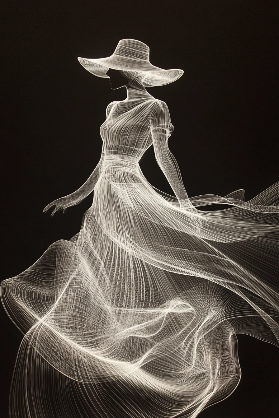 Elegant Light Art: Woman in Flowing Gown & Hat