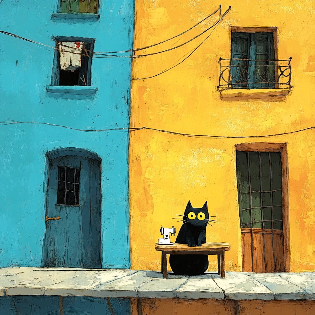 Quirky Street Charm: Cat & Colorful Buildings