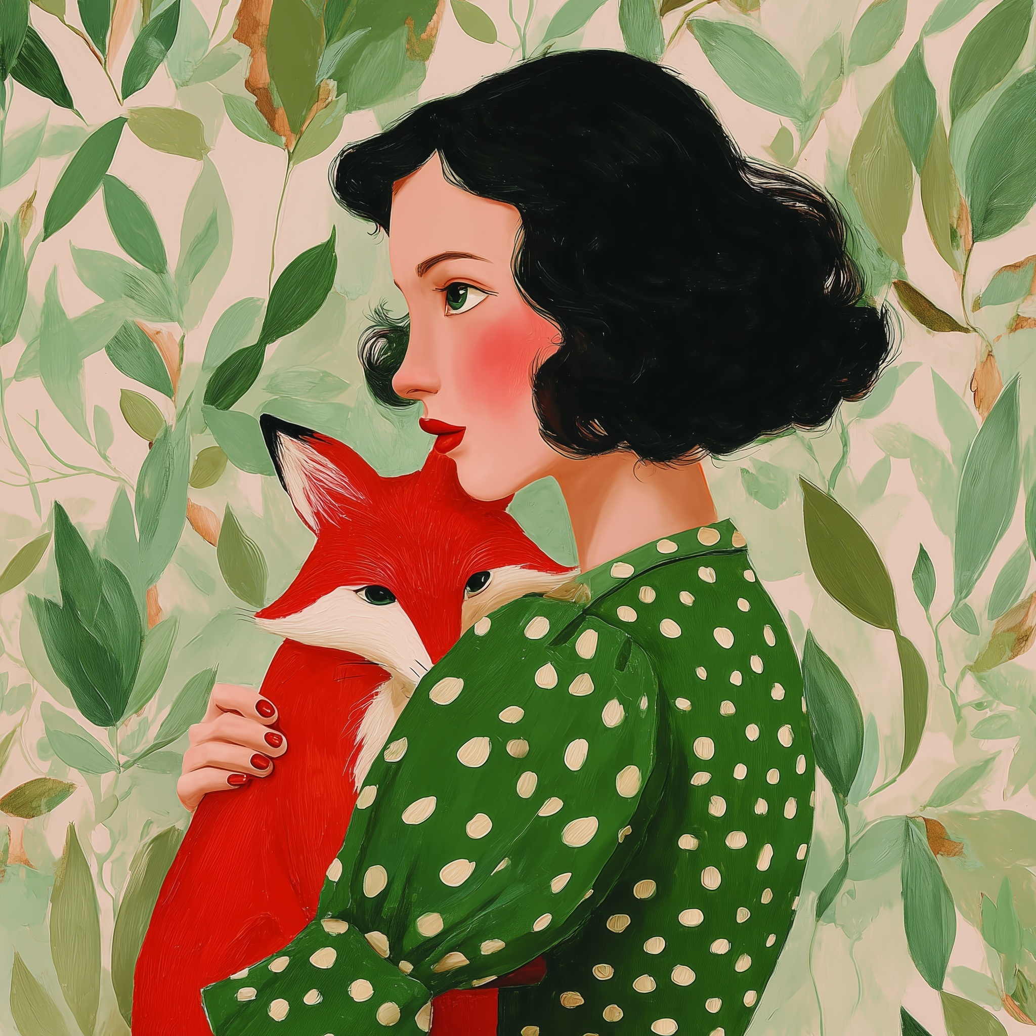 Charming Black-Haired Woman with Adorable Fox