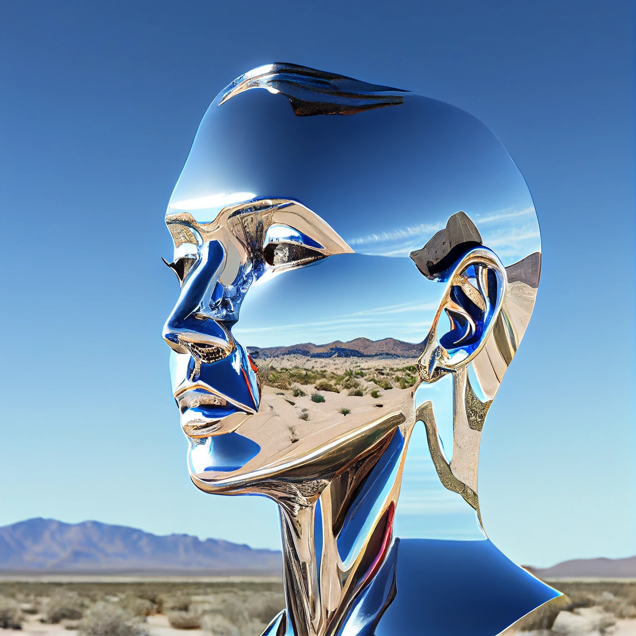 Chrome Metal Women Sculpture in Desert