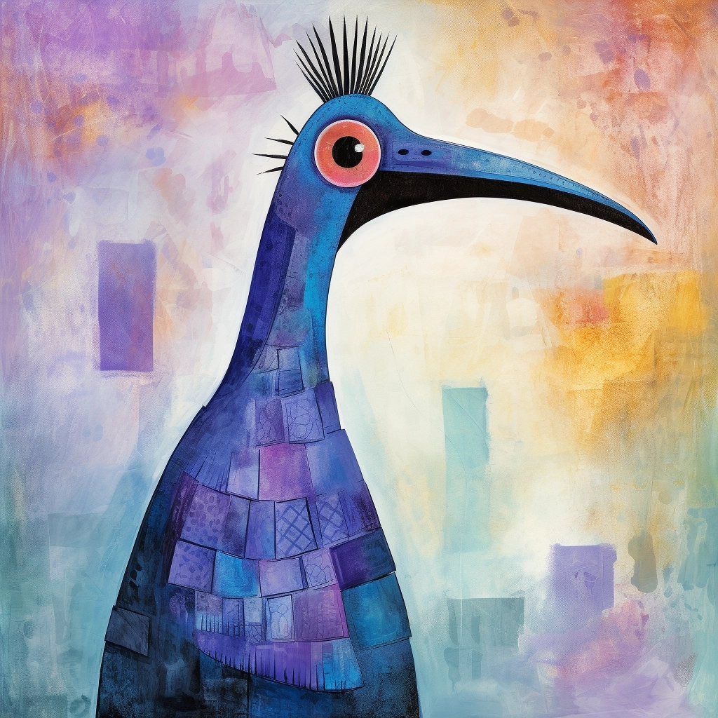 Cassowary Art Print: Blue & Purple Tones, Paul Klee Style