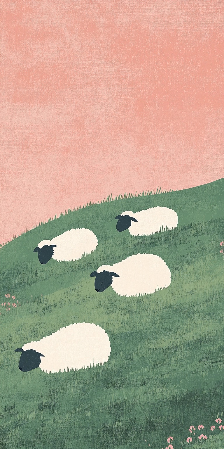 Retro Sheep Relaxing on Grassfield Illustration