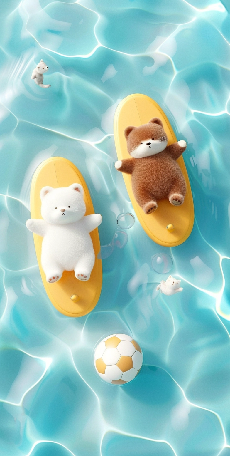 Cartoon White Bear and Brown Cat Pool Wallpaper