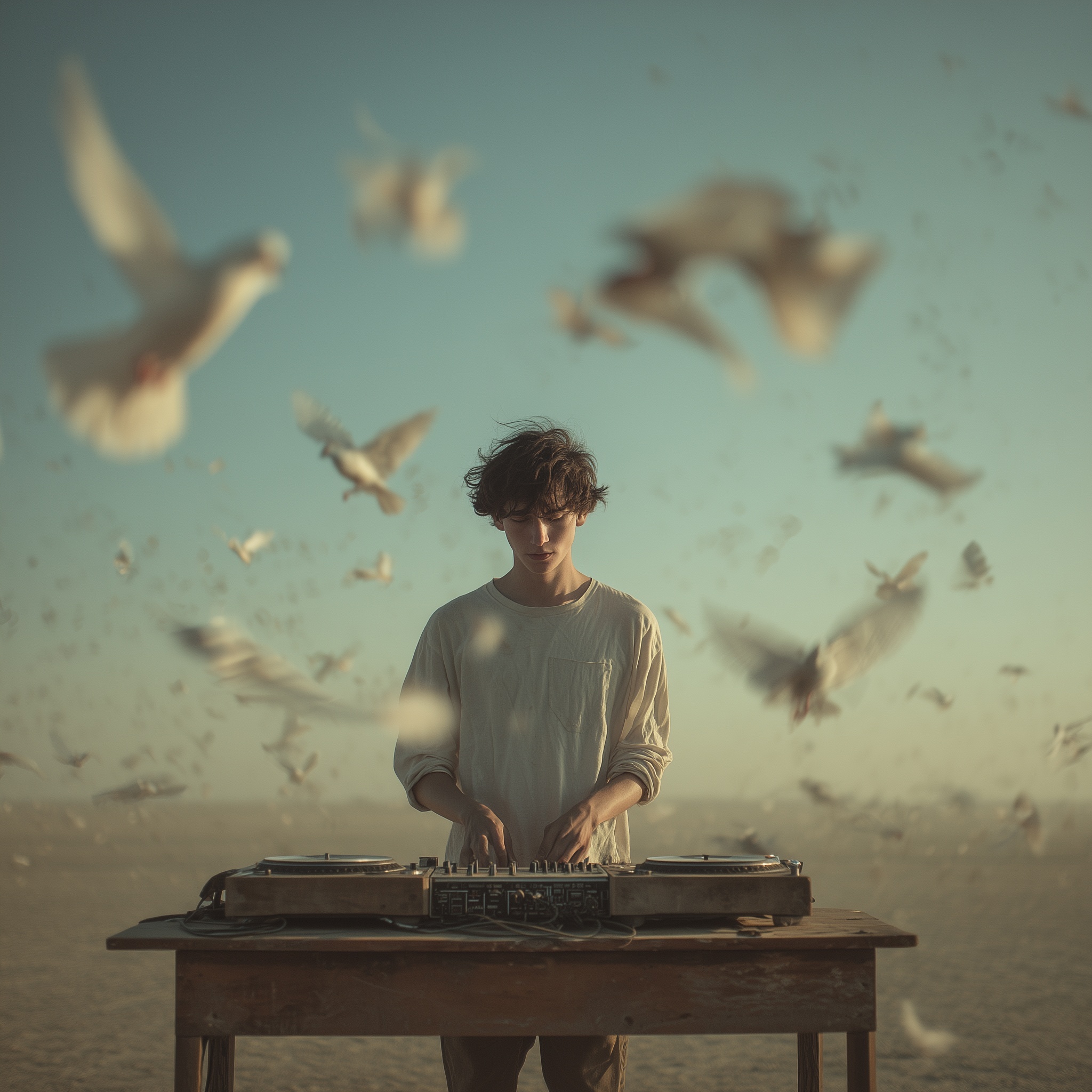 Young DJ in Serene Desert with Doves