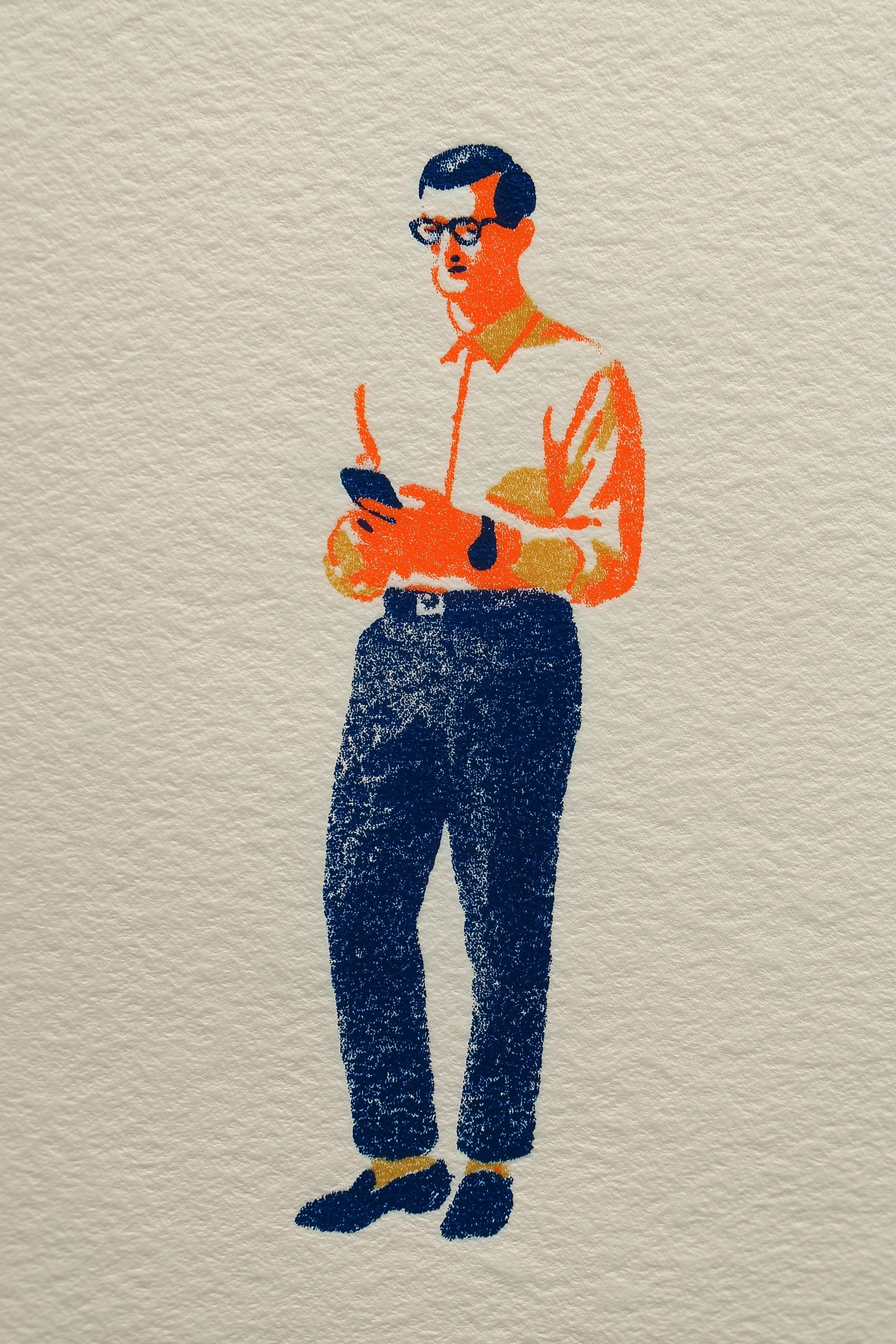 Vibrant Risograph Art: Character in Tech Store