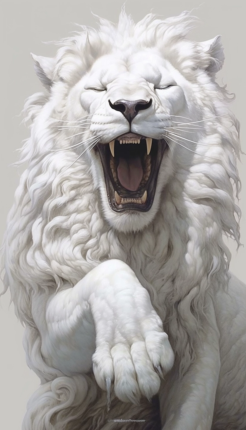 Enigmatic Smiles: All-White Lion on White Backdrop