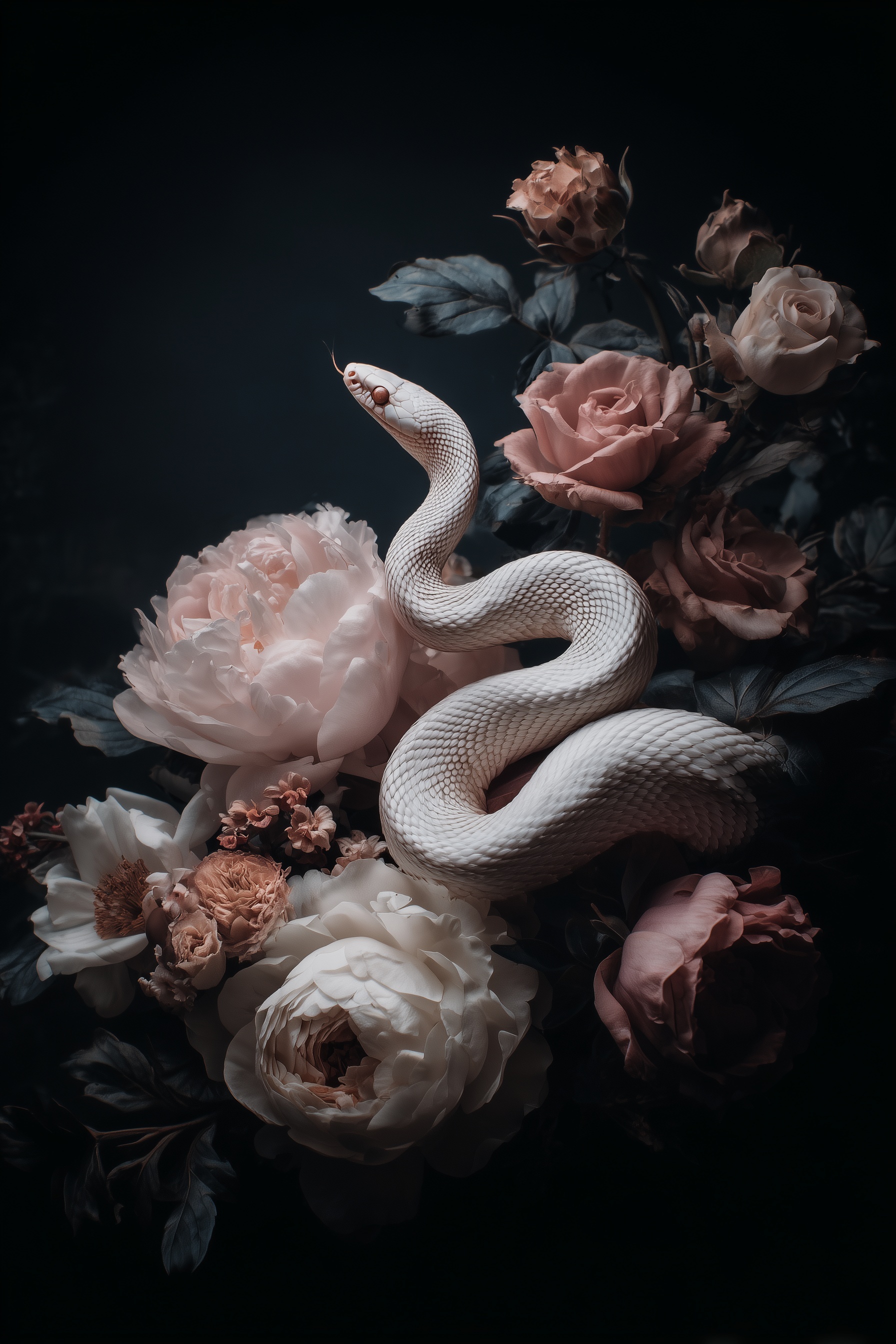Enchanting Snake Among Blossoming Peonies