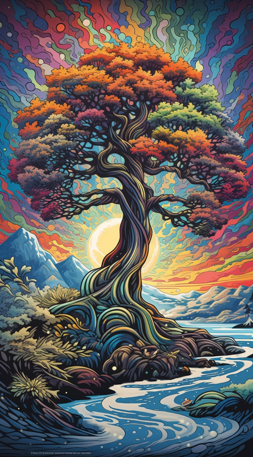 Colorful Tree Art: Majestic Waves & Nature Harmony