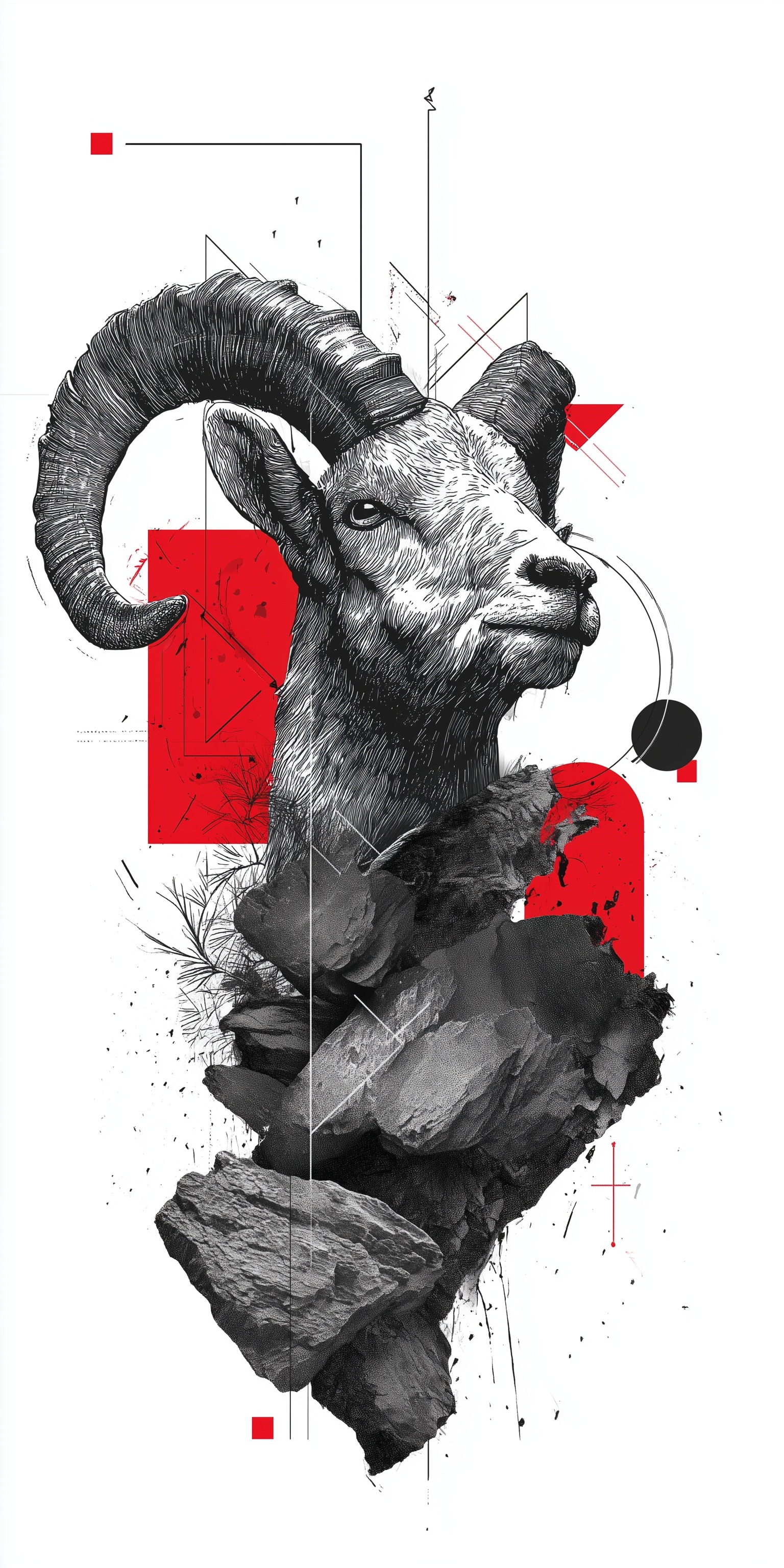 Abstract Tattoo Art: Steinbock Design in Black & Red