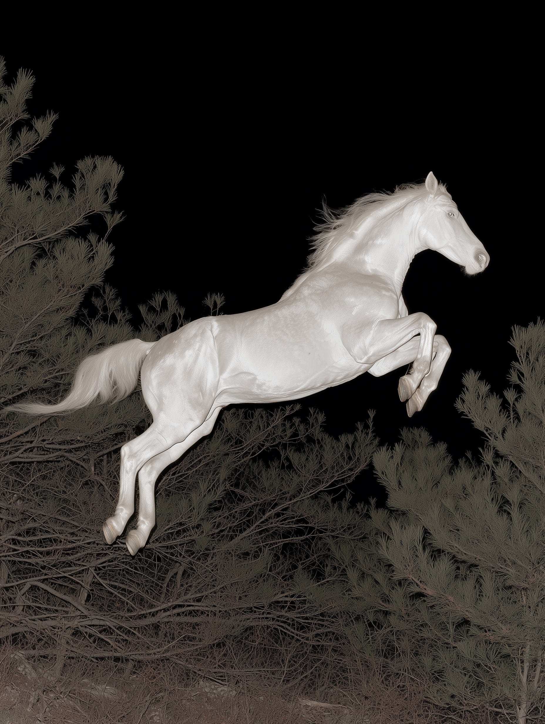 Ghostly White Horse in Misty Forest Jump
