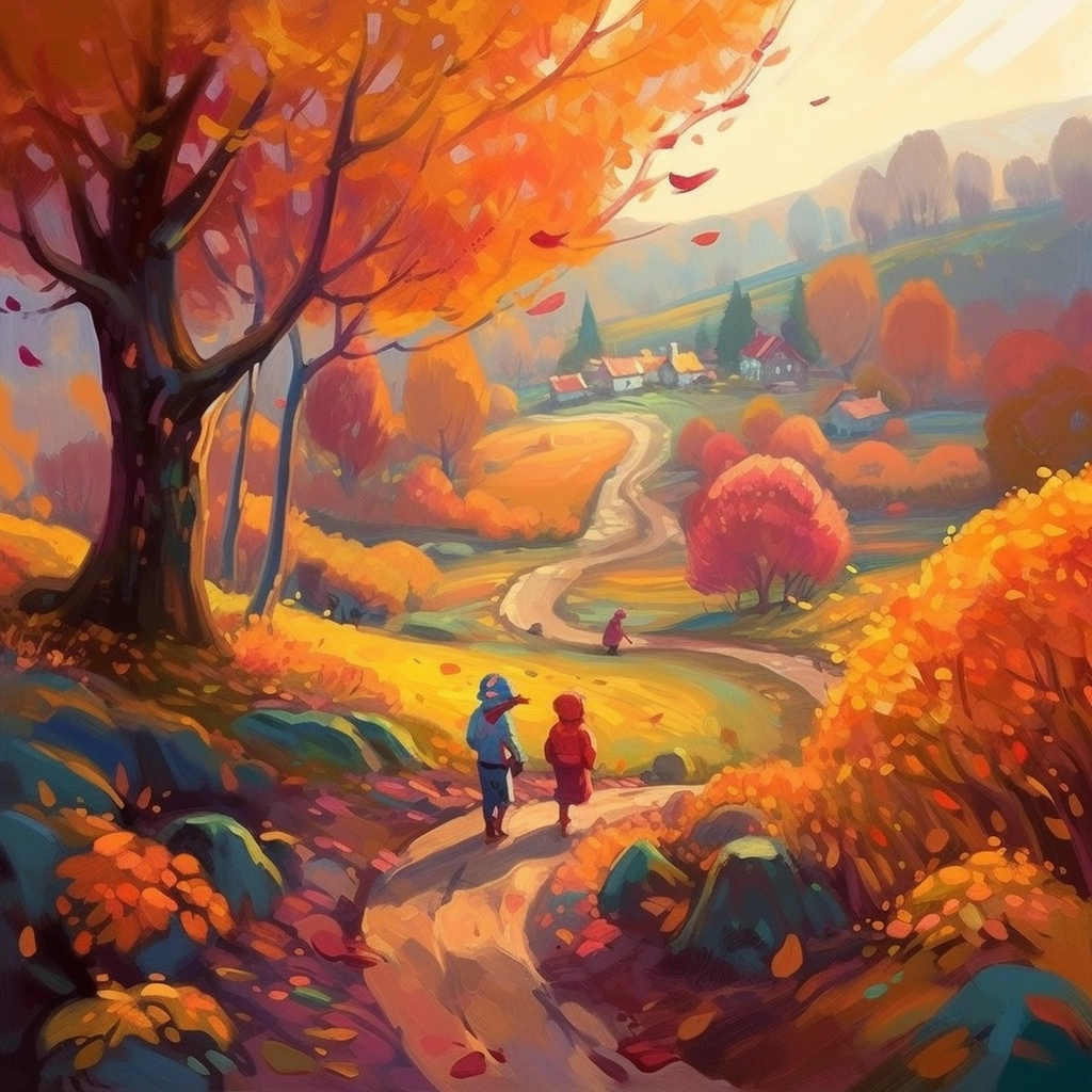 Whimsical Oil Painting of Colorful Book Characters in Dreamy Landscape