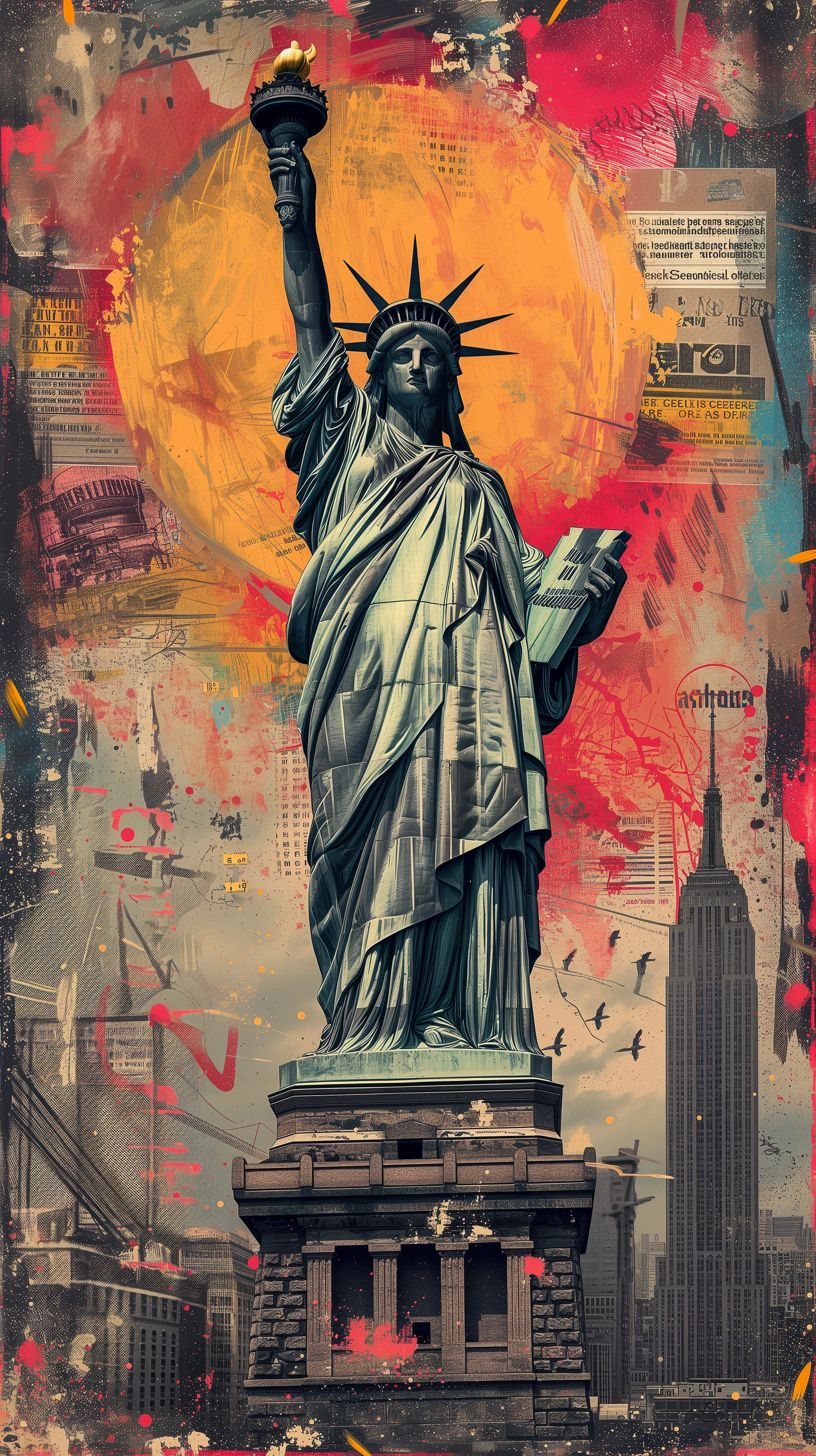 Liberty Unleashed: Modern Collage of Iconic Statue & Sleek Business Elements