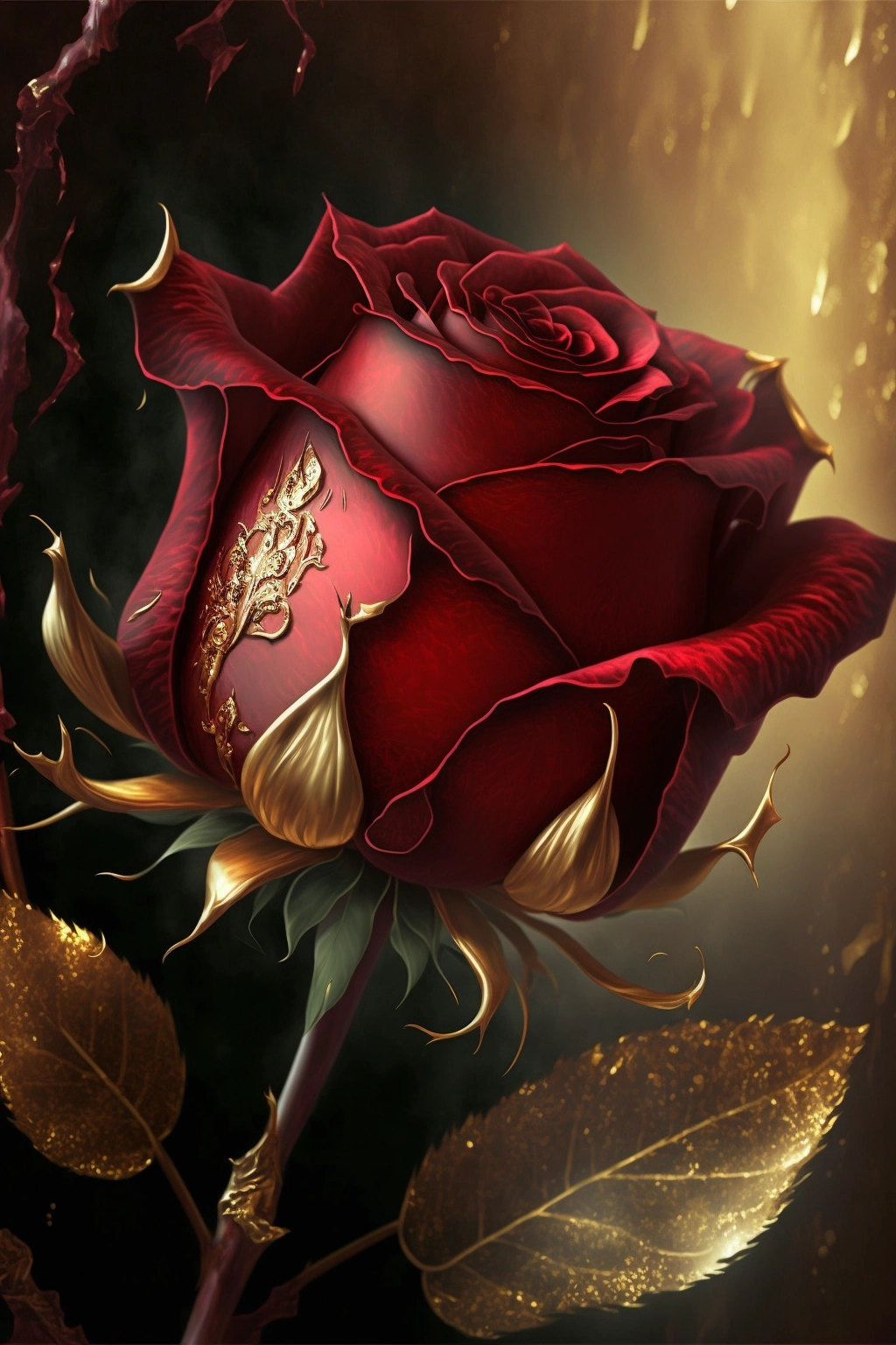 Majestic Ruby Red Rose on Golden UHD Background