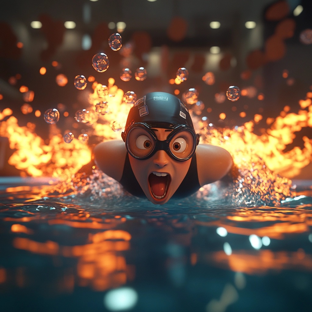 Swimmer Breathing Fire in Epic 3D Race