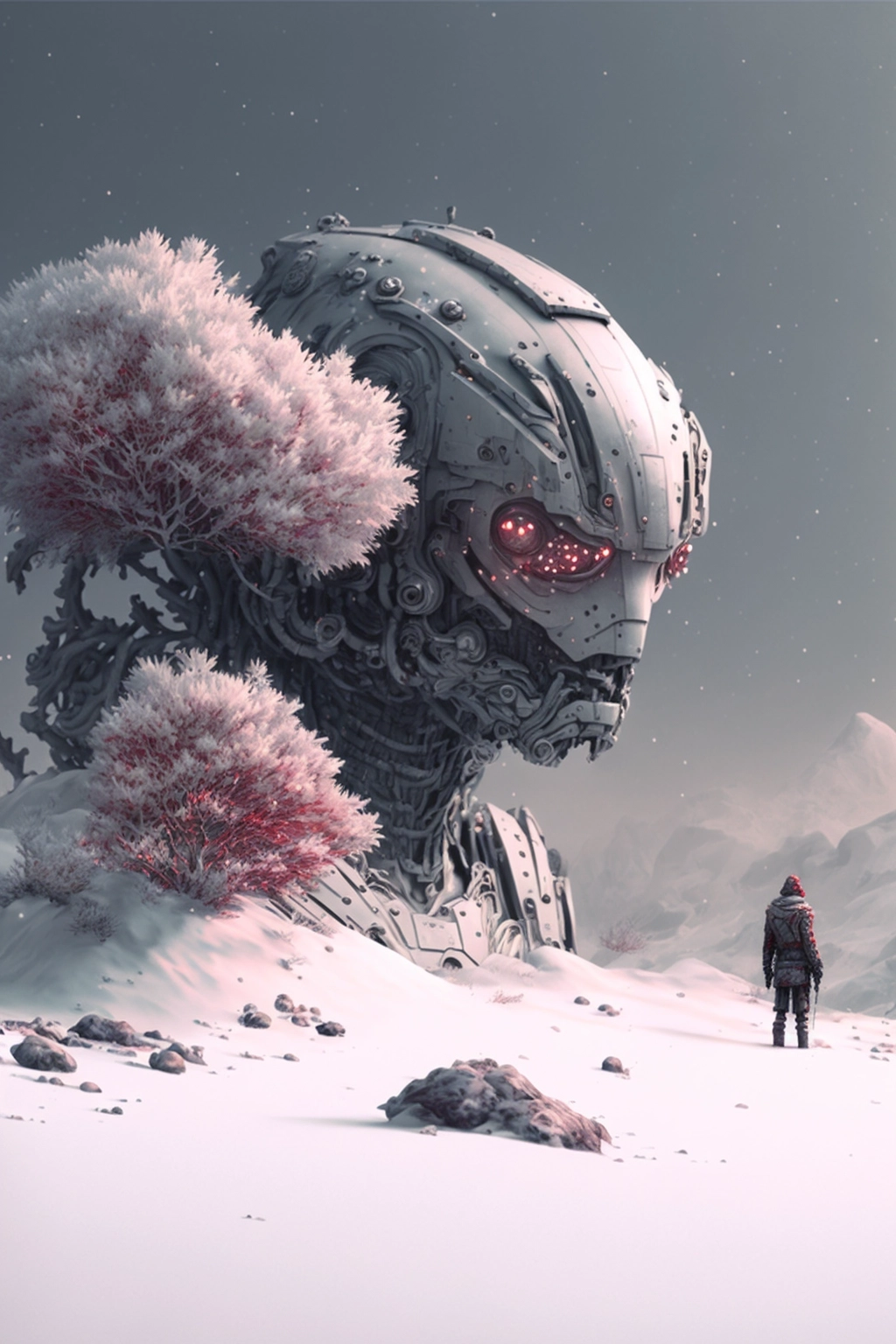 Hyper-Realistic Winter Landscape: Mechanical Yule & Red Flowers