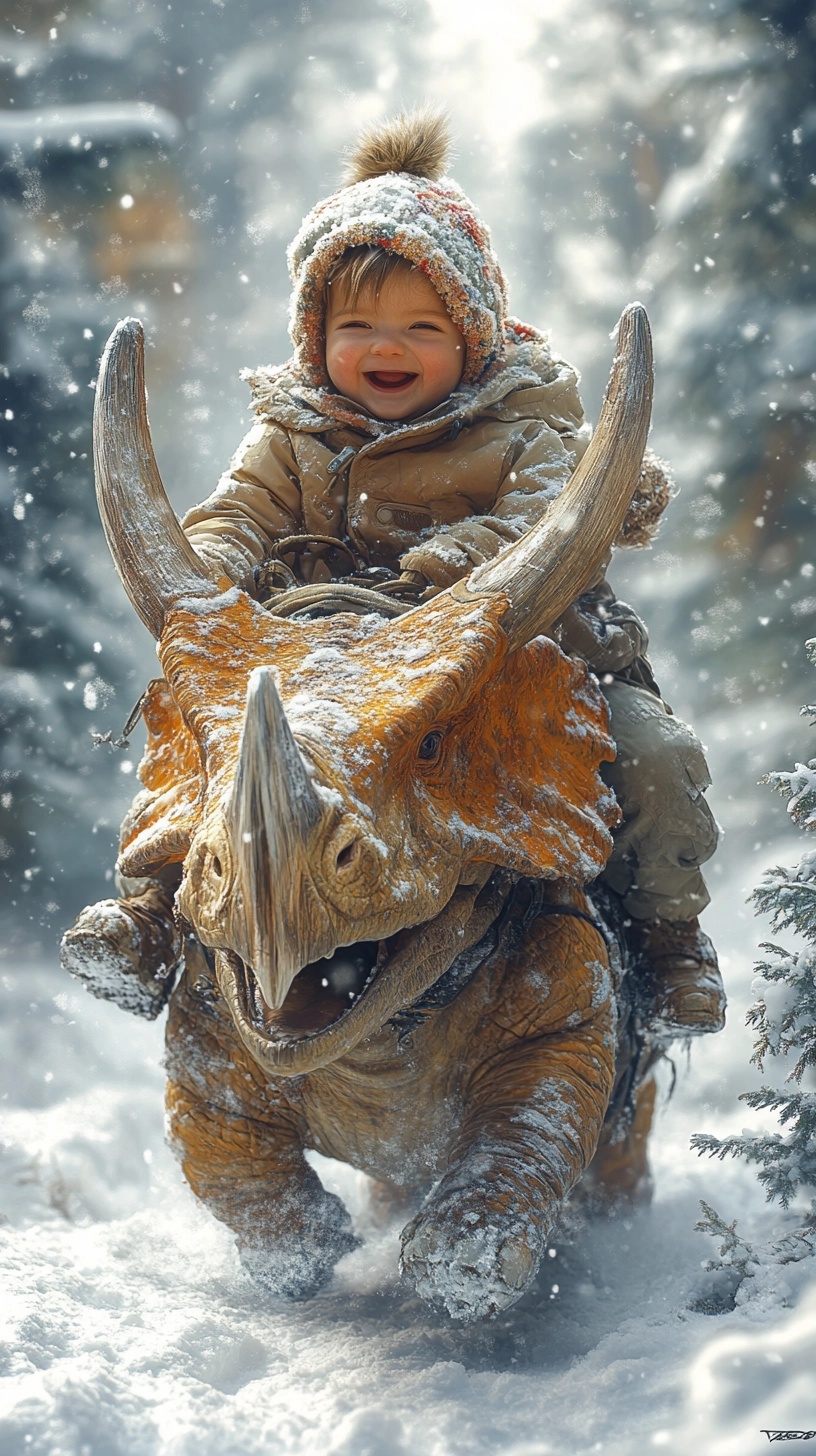 Winter Adventure: Baby Riding a Triceratops