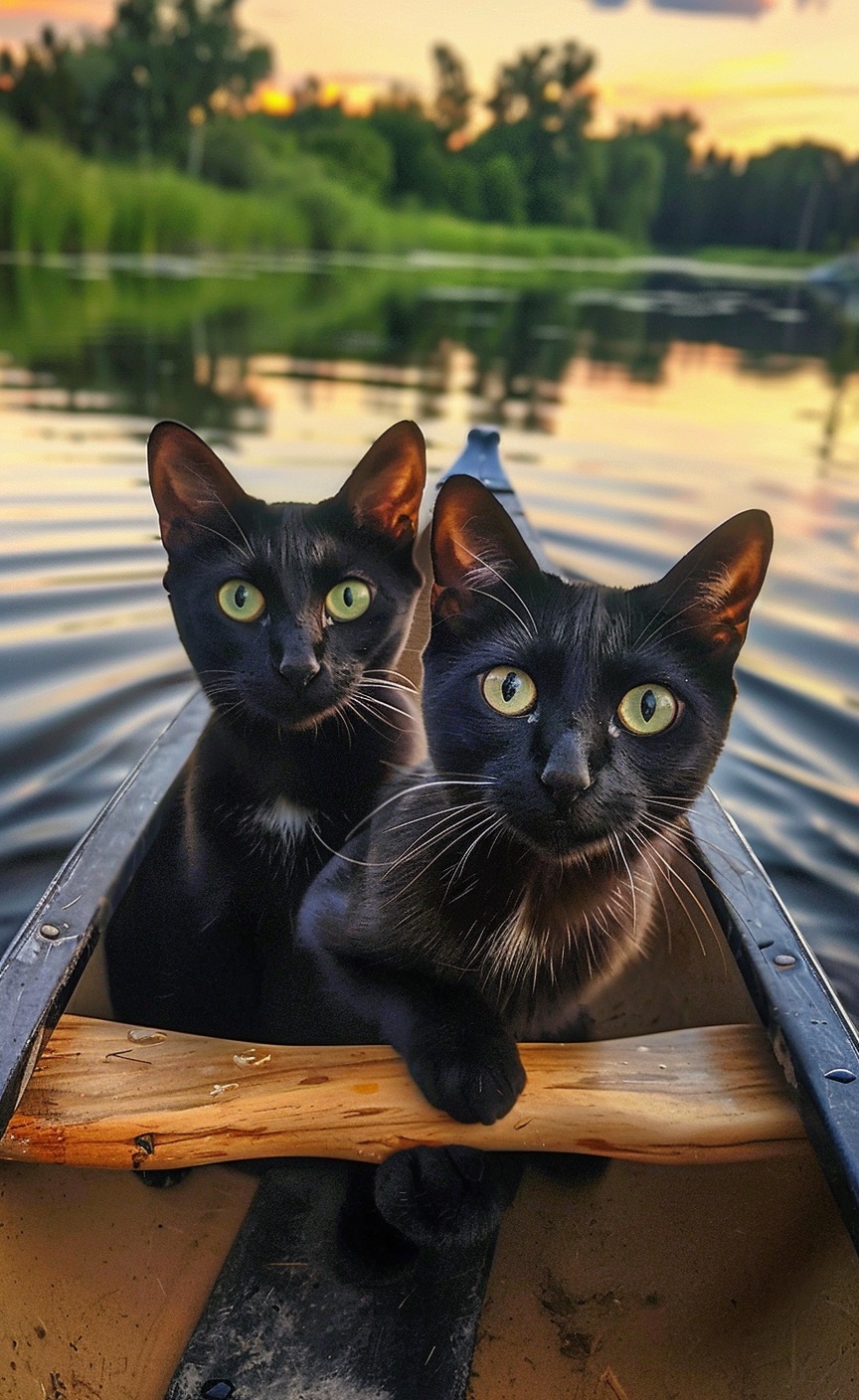 Enchanting Twilight: Two Black Cats in Canoe