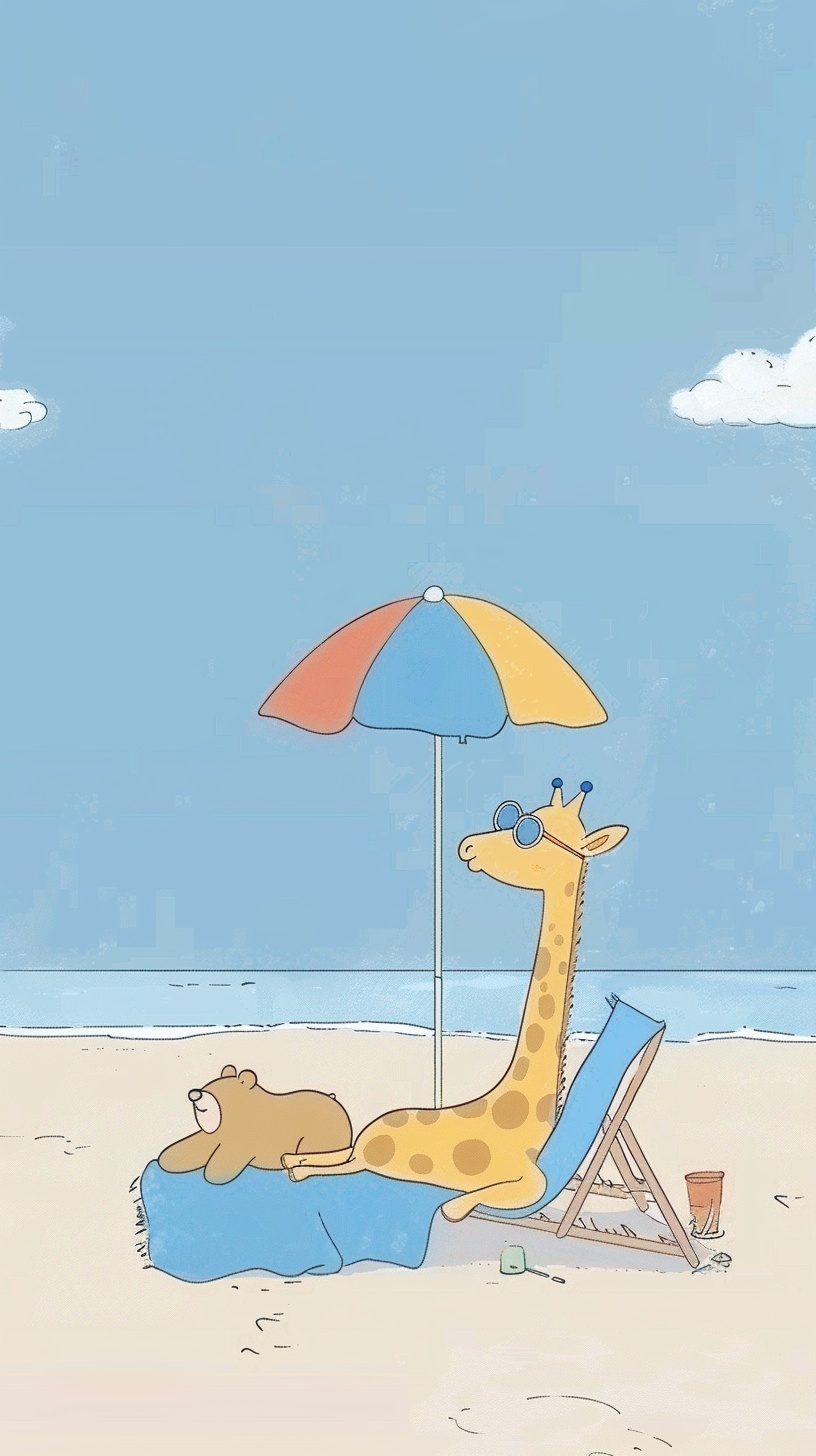 Colorful Cartoon Giraffe and Bear Lounging Together