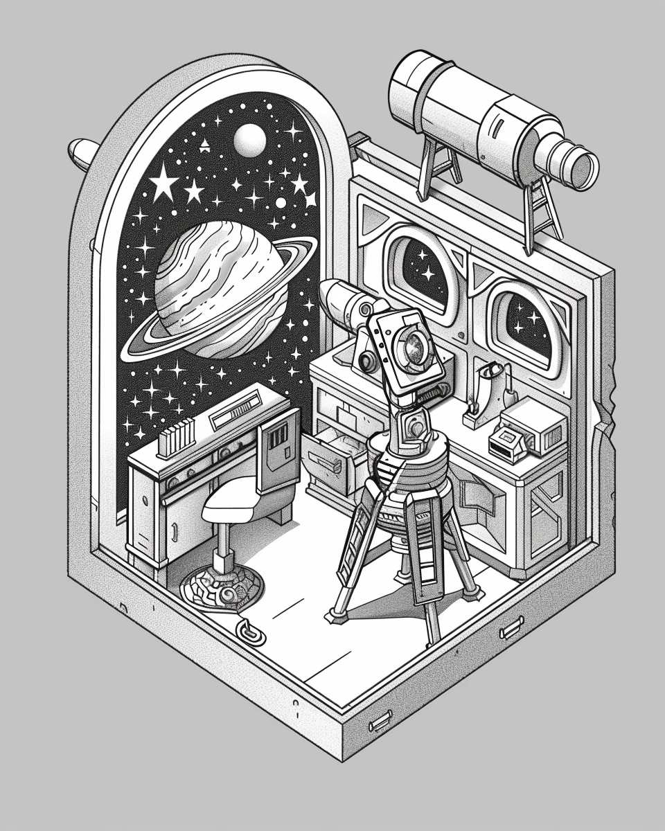 Cute Isometric Outer Space Observatory Room - Vector Graphic