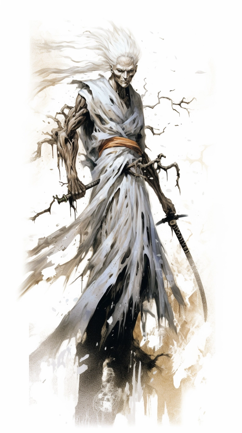 Anthropomorphic Driftwood Samurai: Ink & Oil Illustration