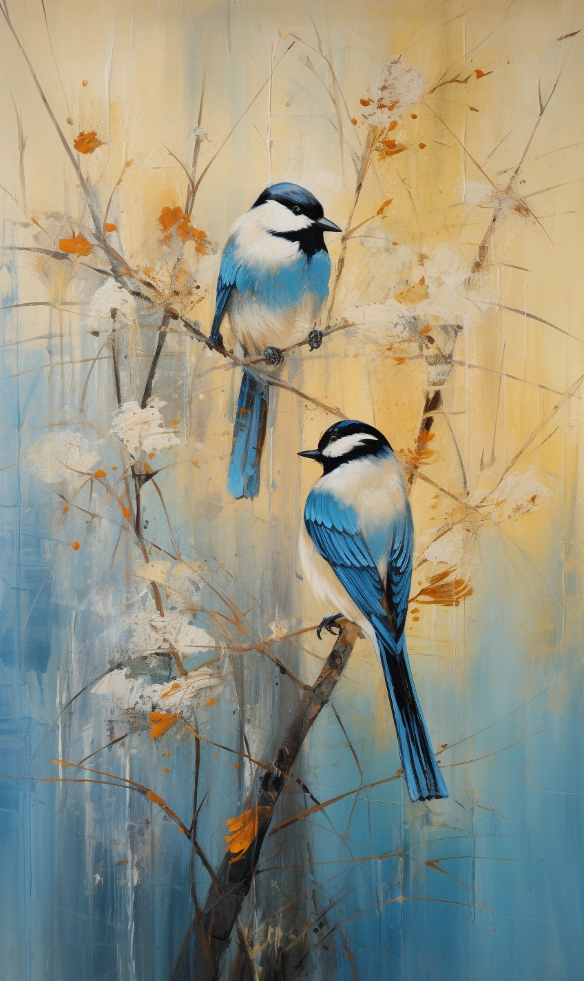 Charming Birds in Light Blue: Naturalistic Bamboo Tree Painting