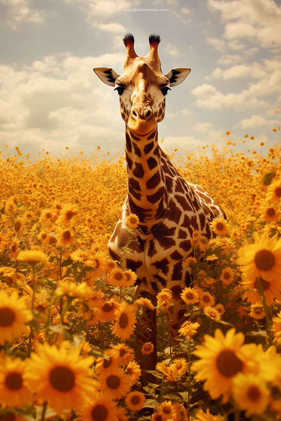 Surreal Giraffe in Sunflower Field