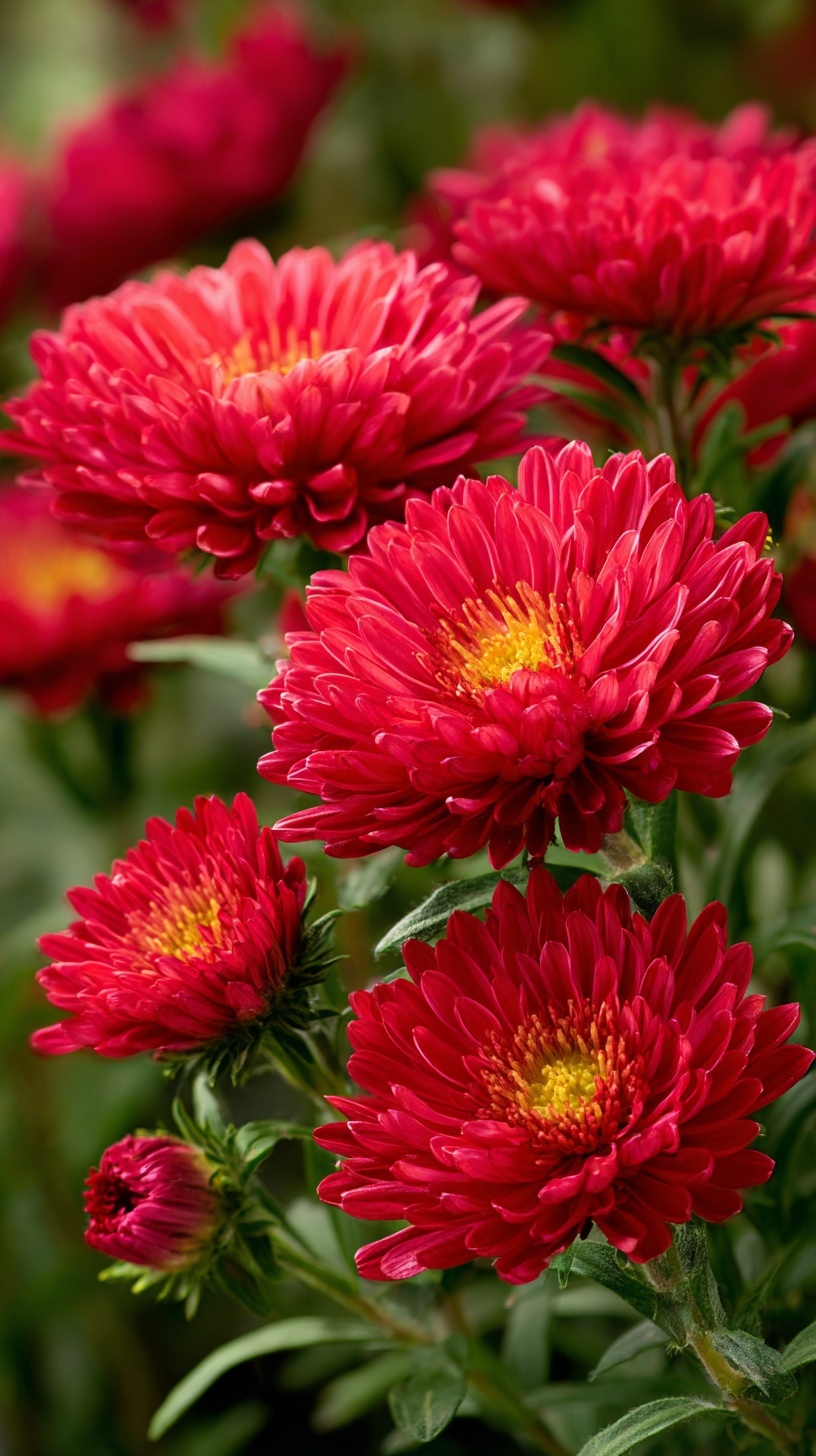Vibrant Red Asters in Lush Green Garden