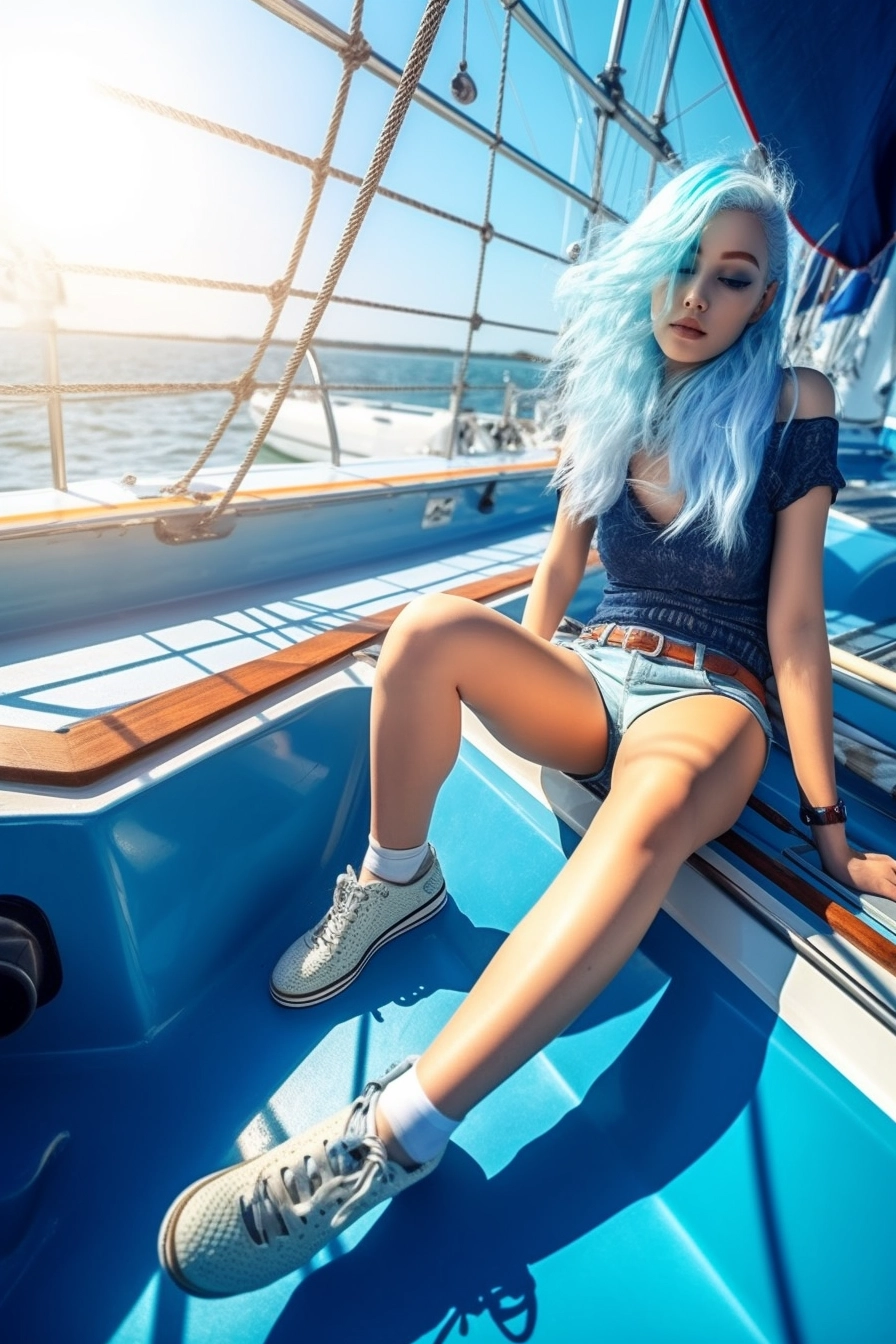 Blue-haired Beauty on Yacht: Ethereal Fashion Photography