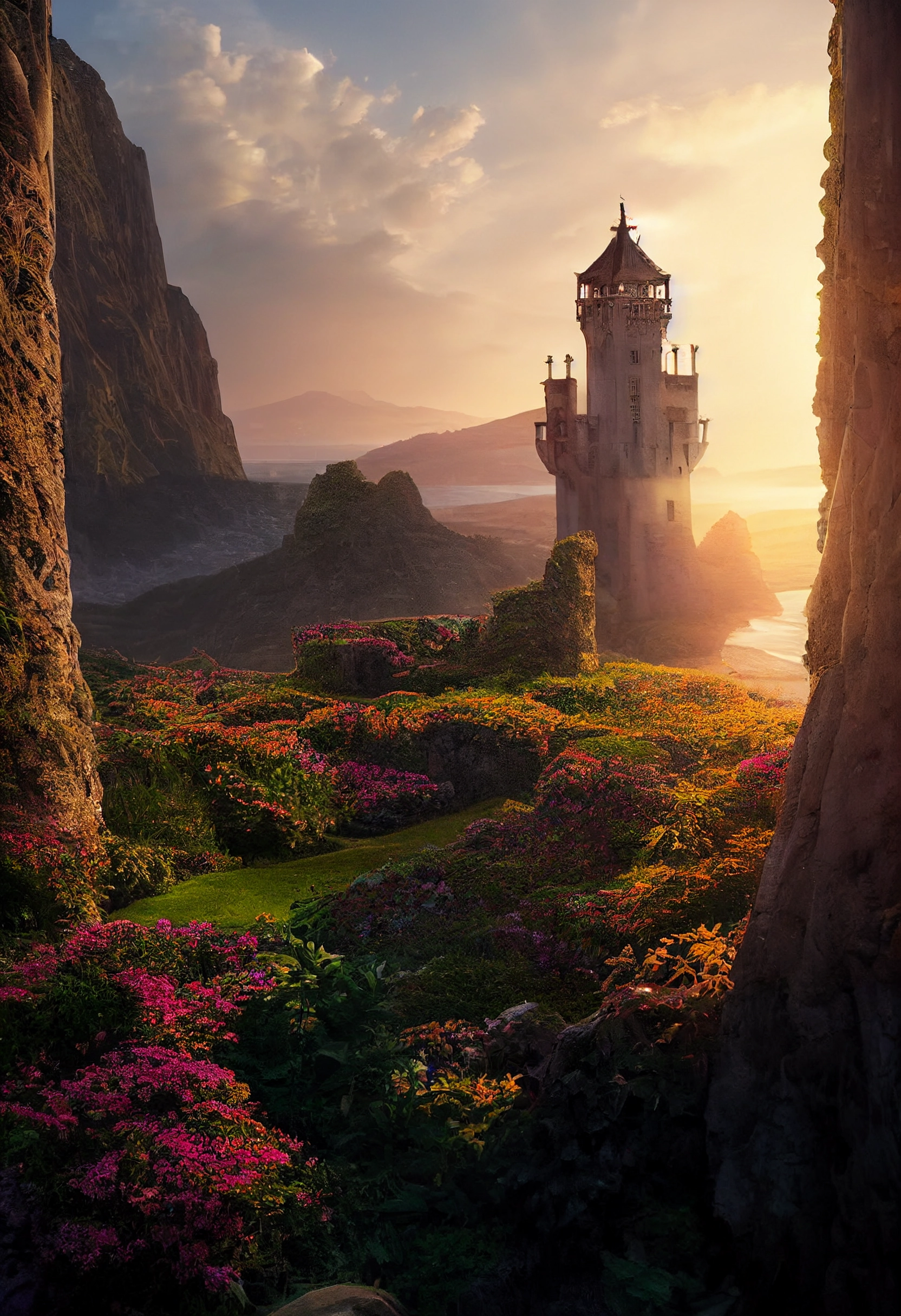 Stained-Glass Citadel Tower in Cinematic Landscape