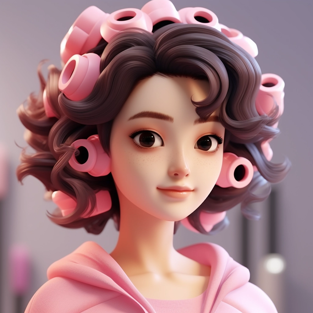 3D Asian Woman in Pink: Smilecore Hair Curlers - High Quality 8K Rendering