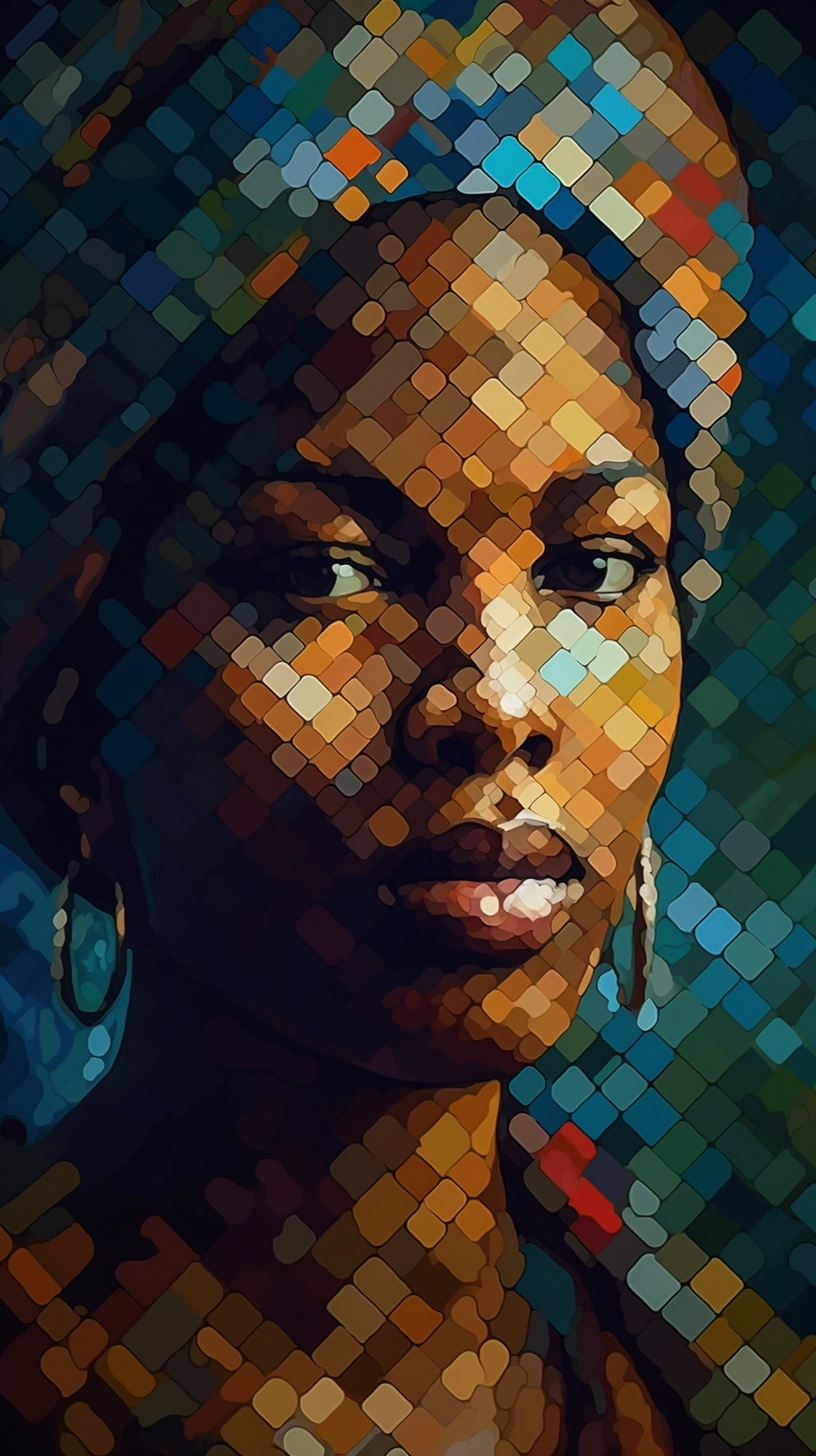 African Women in Cubist Style: Pixelated Golden Oil Portraits