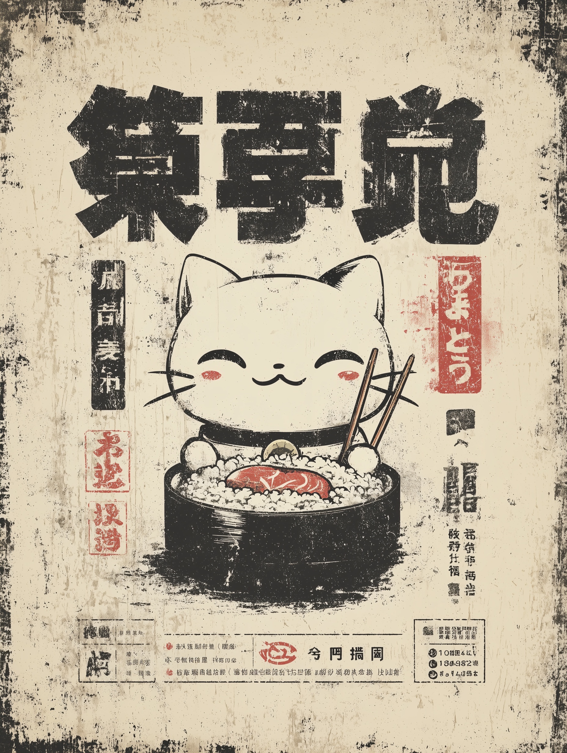 Vintage Japanese Cat Sushi Poster Art