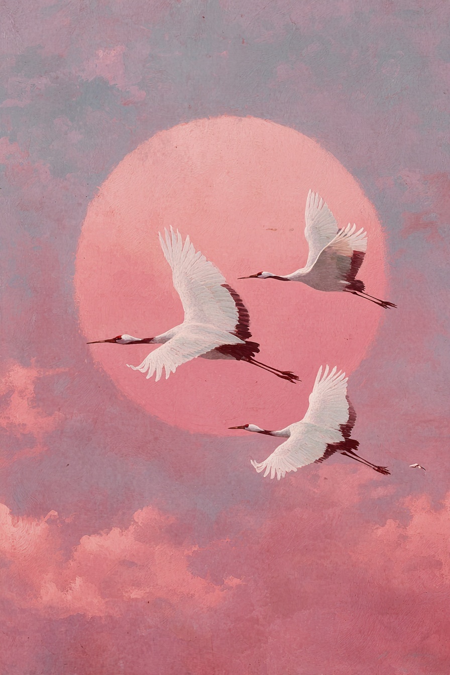 Tranquil Japanese Art: Cranes & Pink Sun