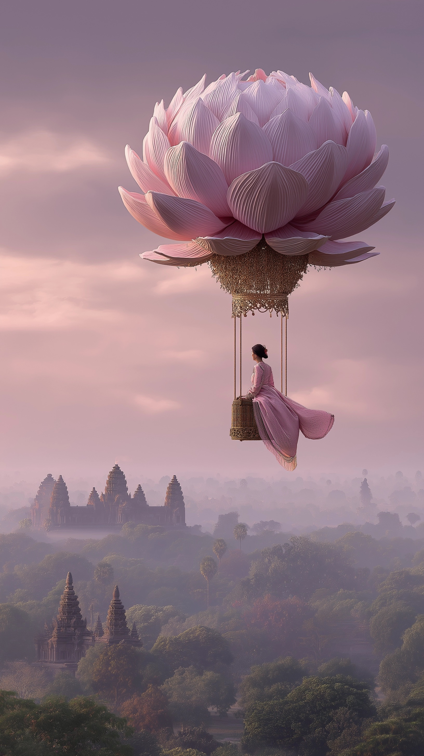 Serene Aerial Escape: Angkor Wat in Bloom