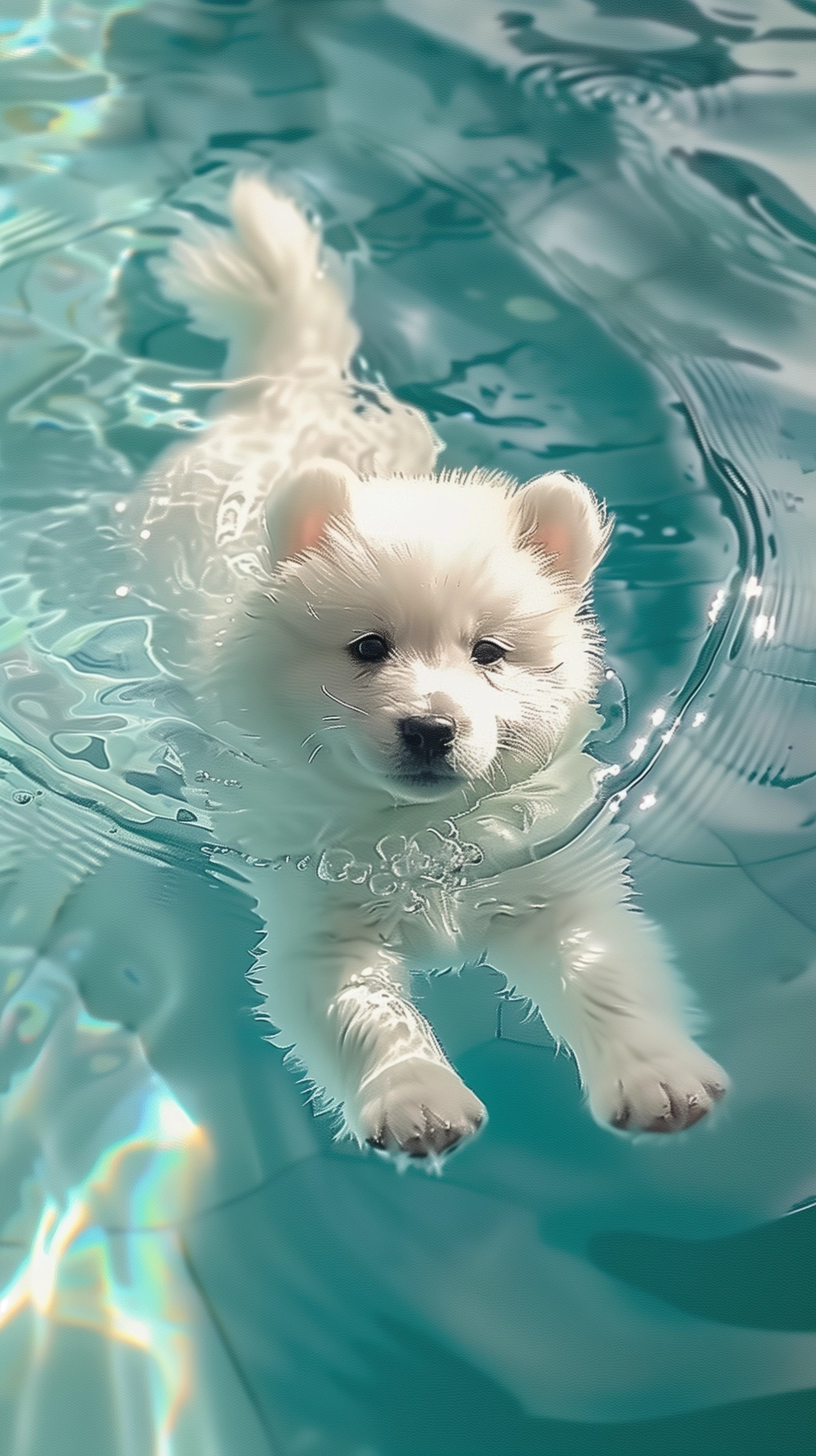 Adorable Samoyed Puppy Swimming in Pool - High Definition Photography