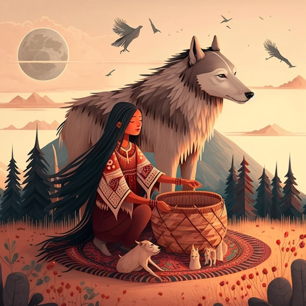 Cherokee Woman Weaving Basket with Pet Wolf in Natural Setting