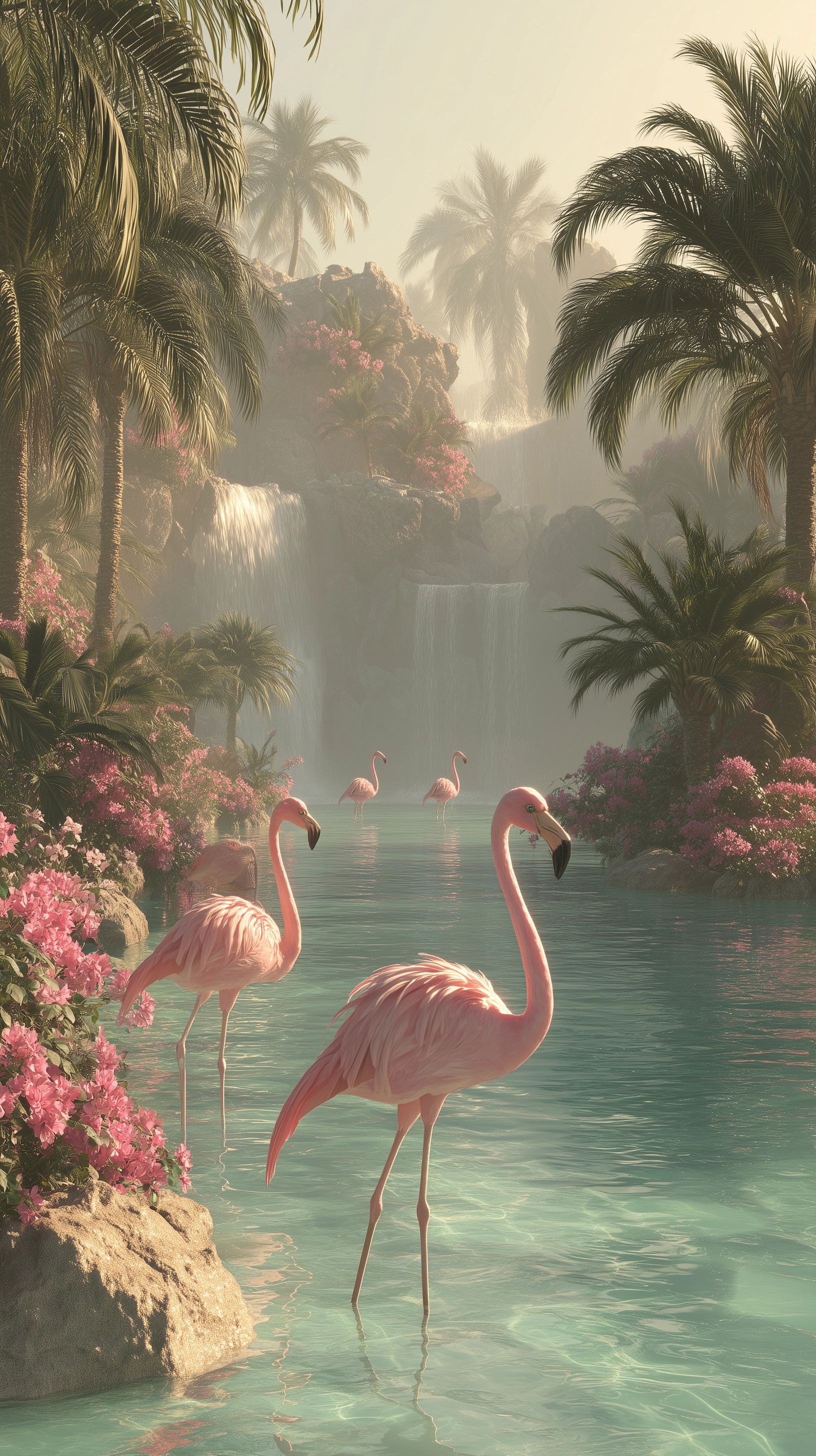Serene Tropical Paradise with Elegant Flamingos