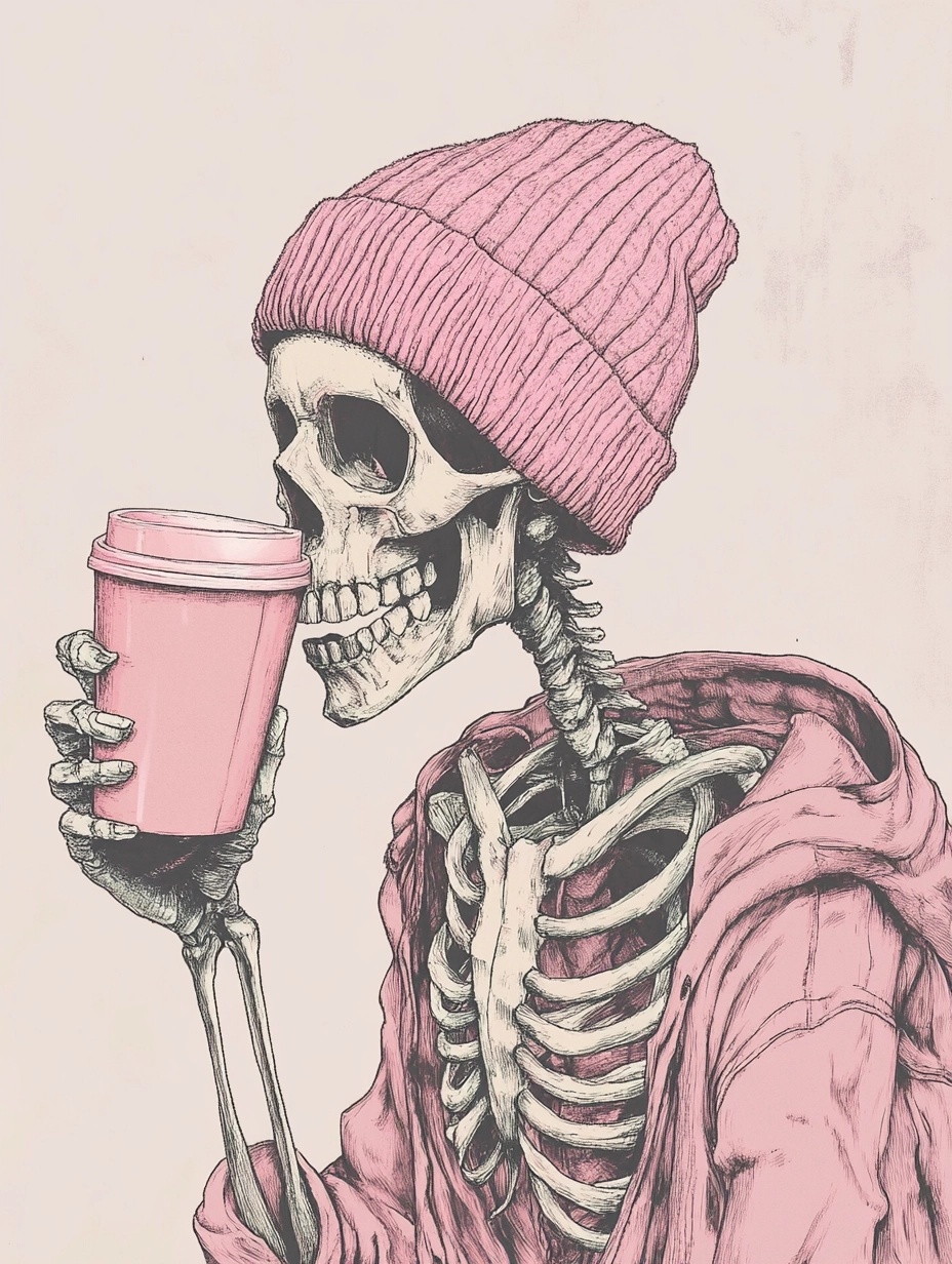 Skeleton Sips: Coffee in Style with Pink Beanie