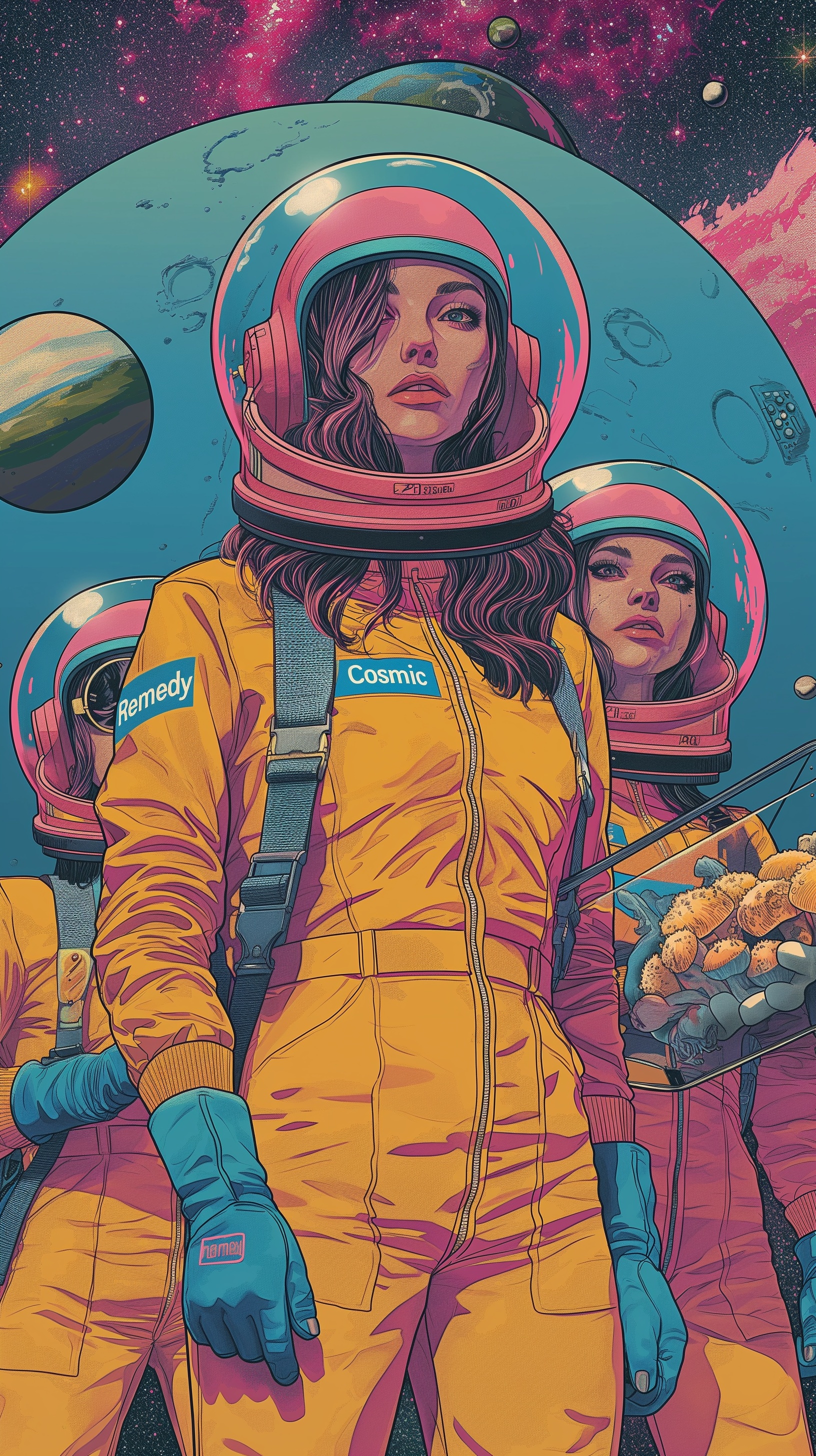 Neon Cosmic Remedy: Female Cosmonauts in Action!