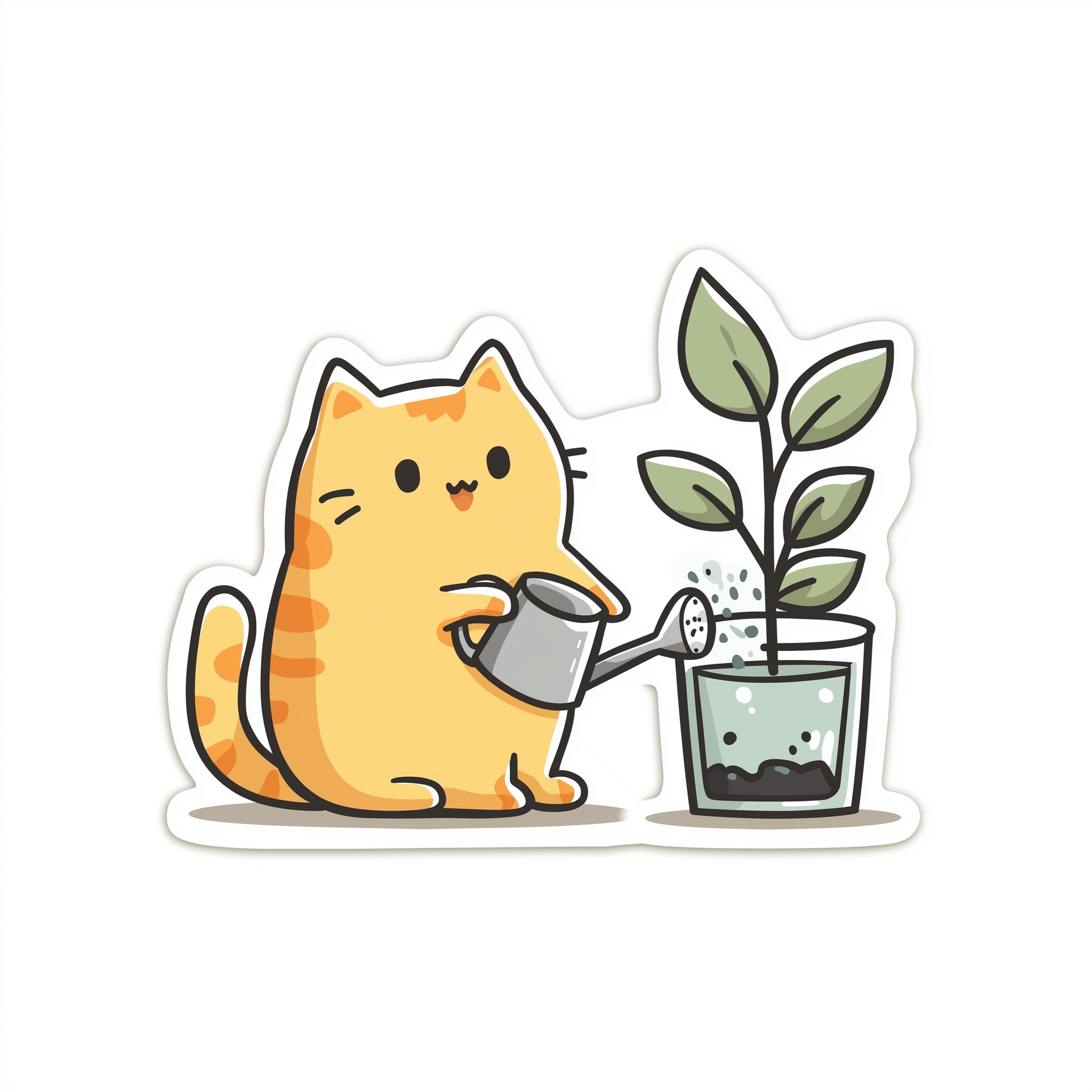 Cute Cat Watering Plant Sticker Design