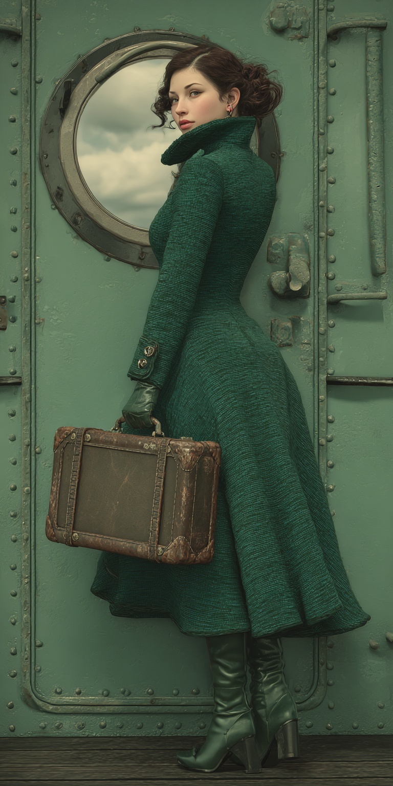 Elegant Young Lady in Stylish Wool Coat on Steamship